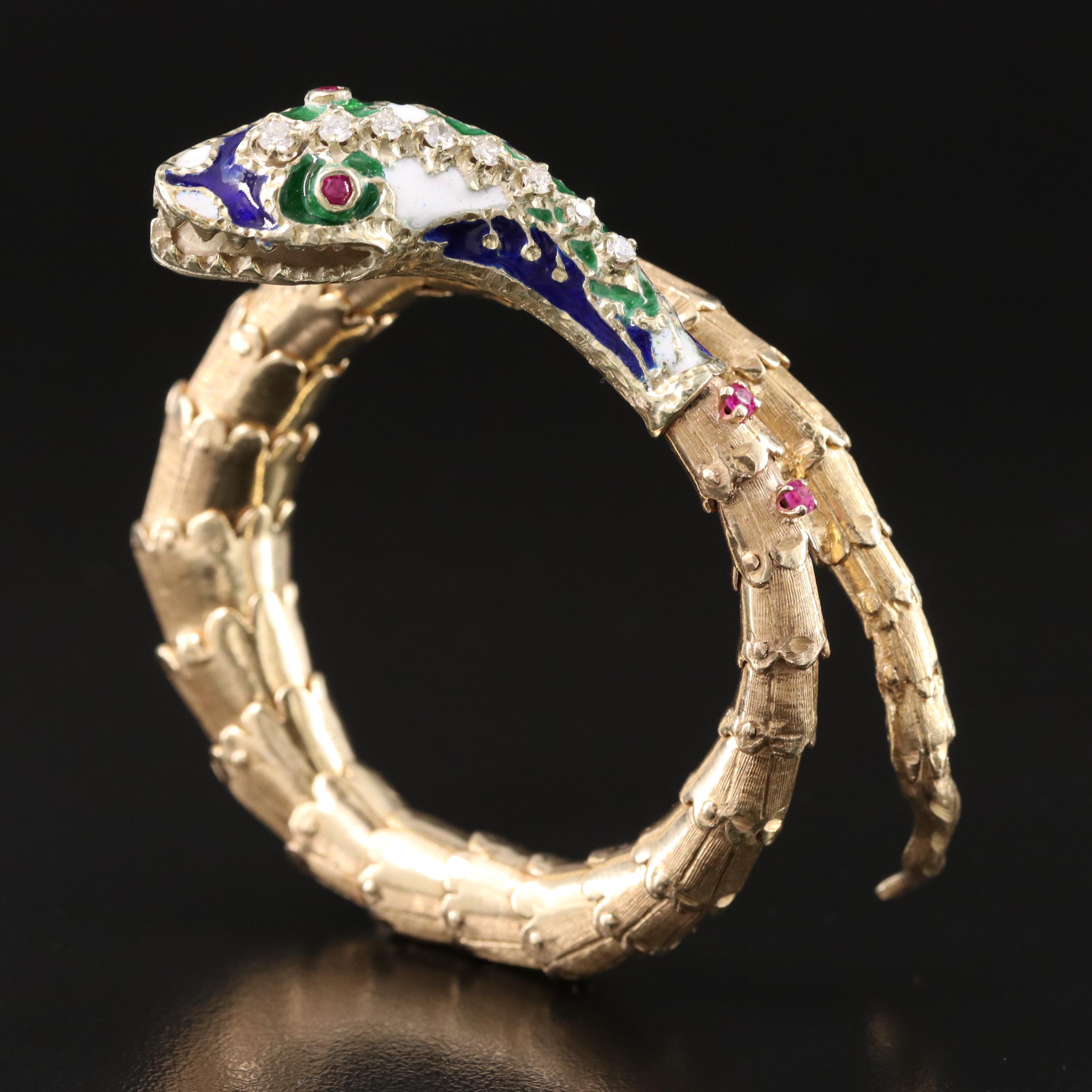 14K Diamond, Ruby and Enamel Snake Wrap Bracelet