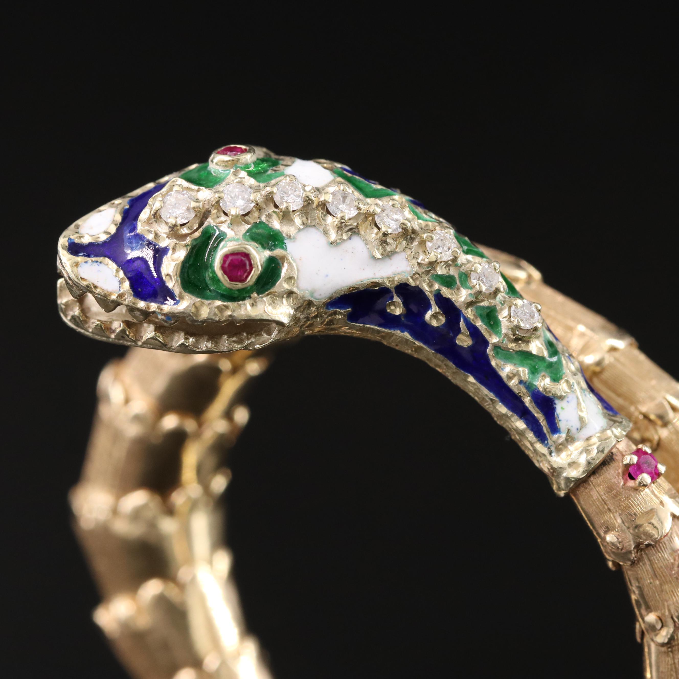 14K Diamond, Ruby and Enamel Snake Wrap Bracelet