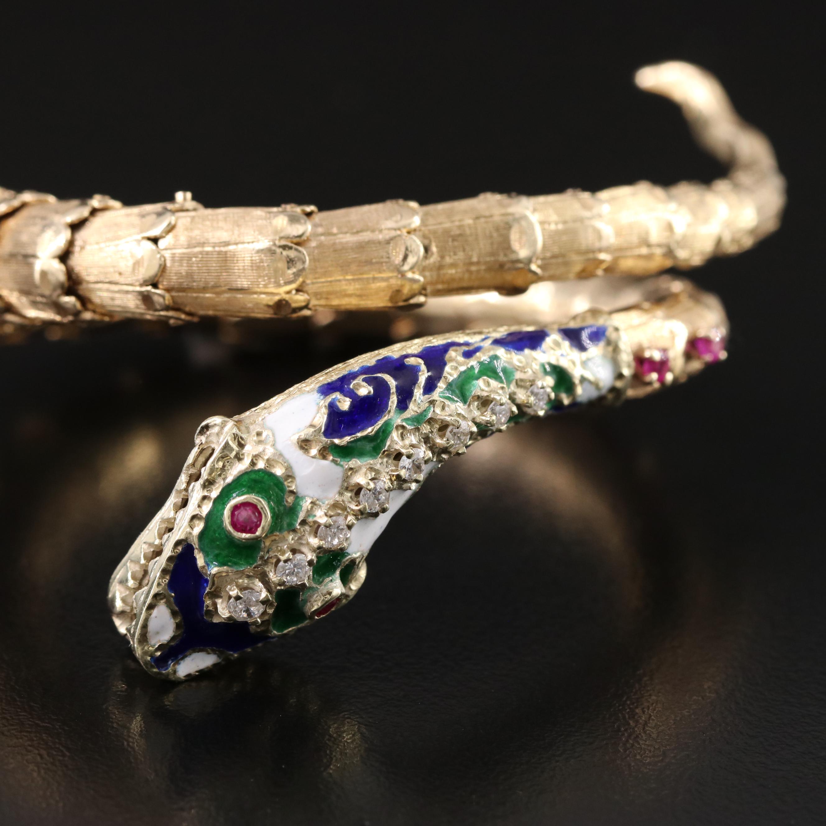14K Diamond, Ruby and Enamel Snake Wrap Bracelet