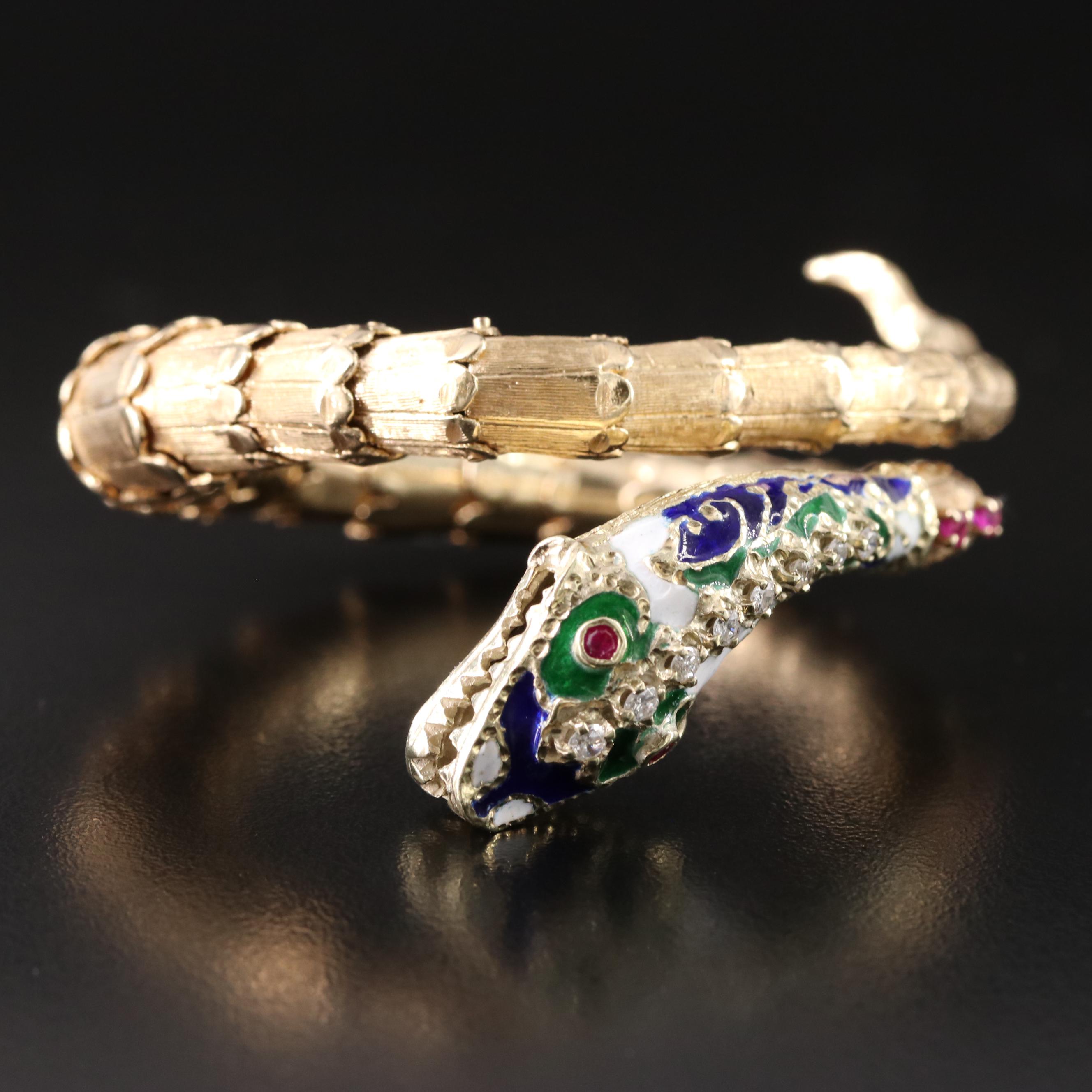 14K Diamond, Ruby and Enamel Snake Wrap Bracelet