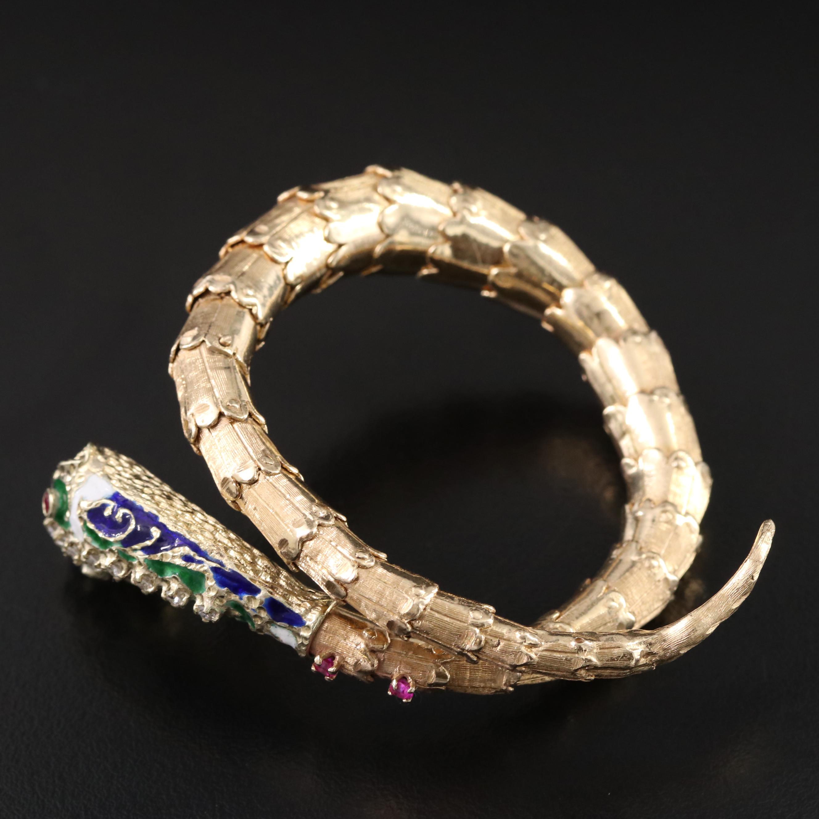 14K Diamond, Ruby and Enamel Snake Wrap Bracelet