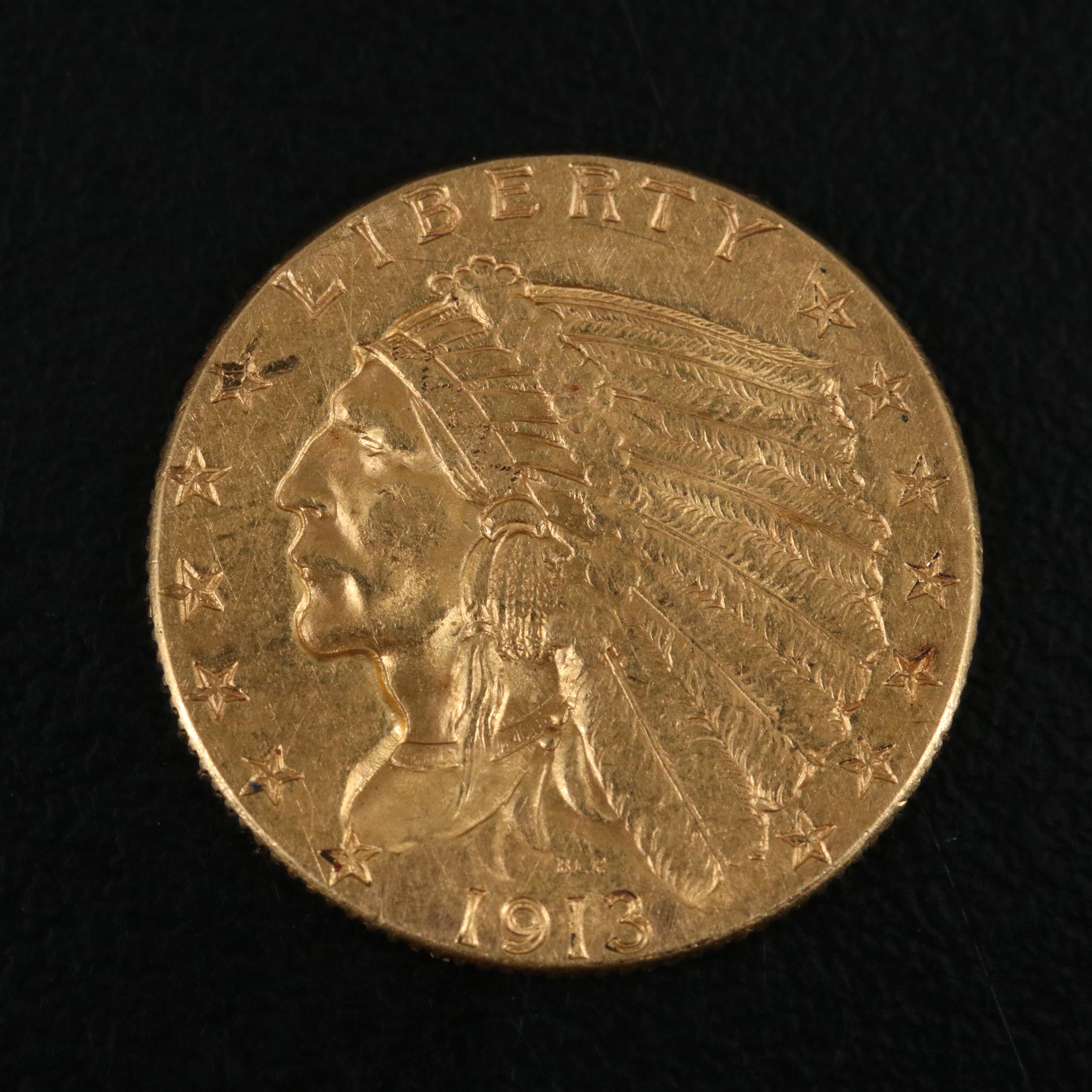 1913 Indian Head $2.50 Gold Quarter Eagle Coin