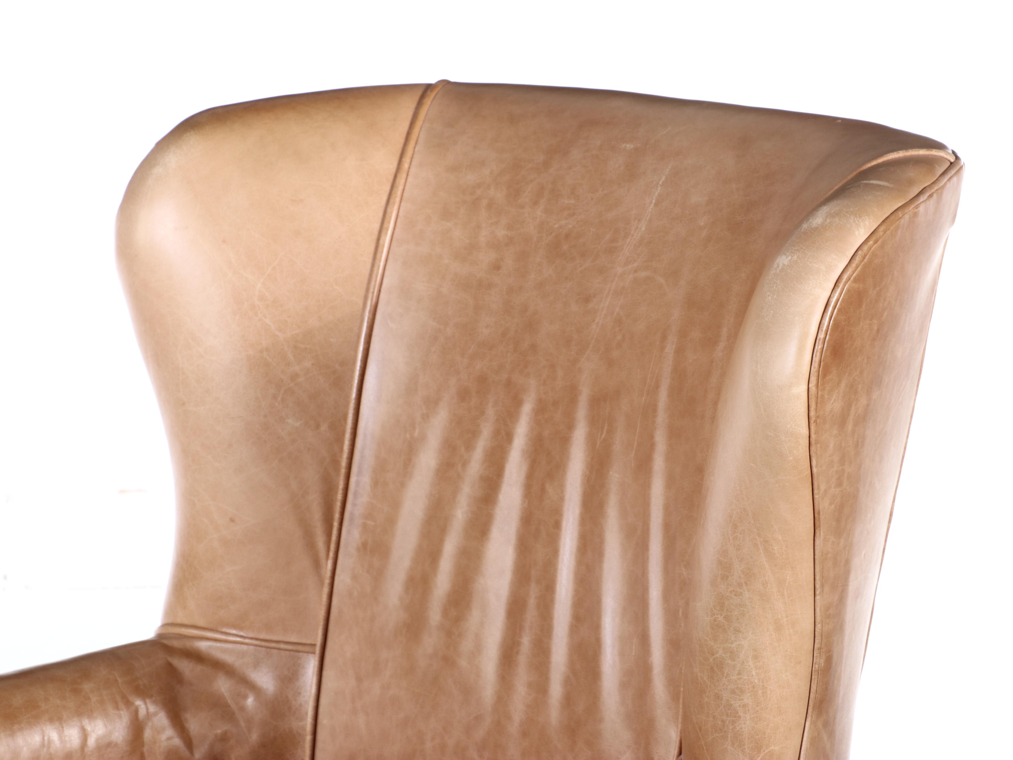 Ethan Allen Hardwood and Leather Wingback Armchair and Ottoman