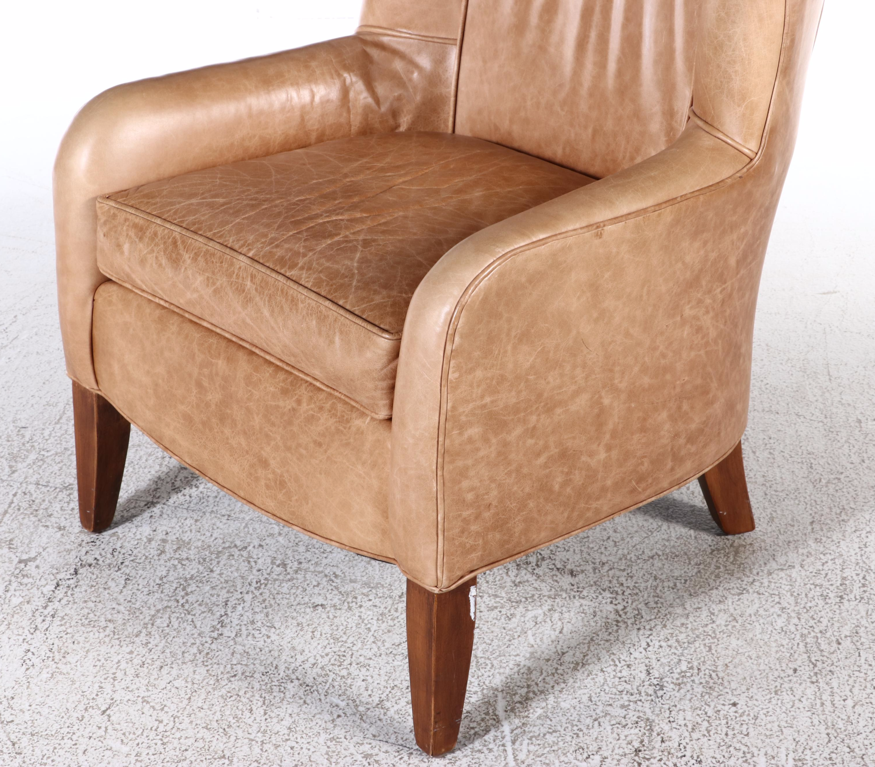Ethan Allen Hardwood and Leather Wingback Armchair and Ottoman