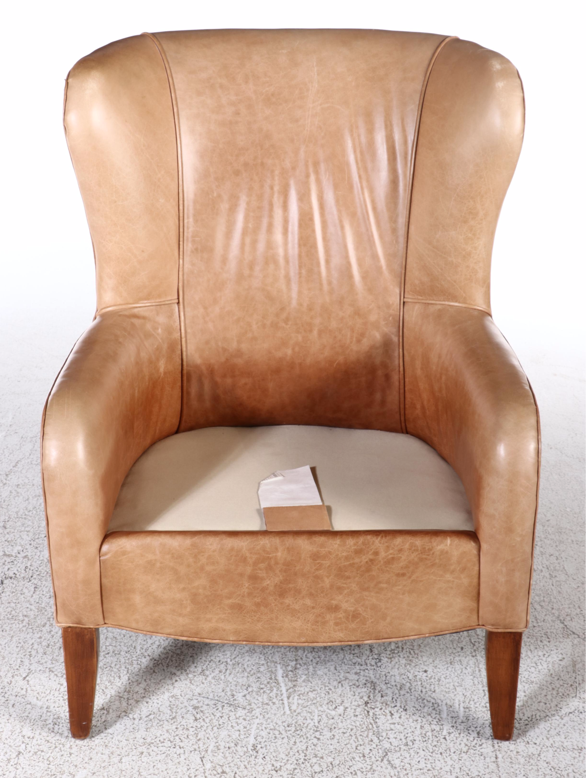 Ethan Allen Hardwood and Leather Wingback Armchair and Ottoman