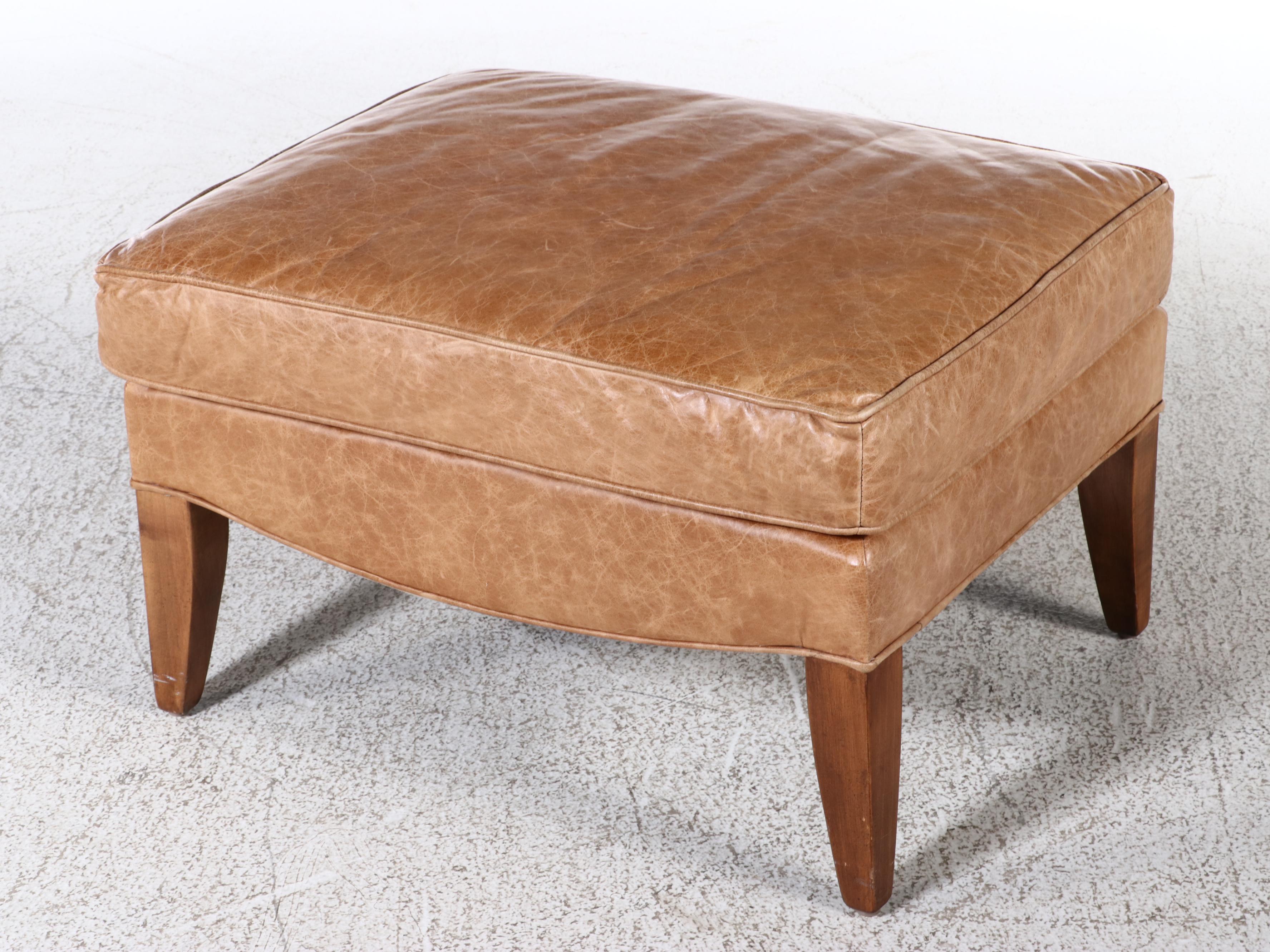 Ethan Allen Hardwood and Leather Wingback Armchair and Ottoman