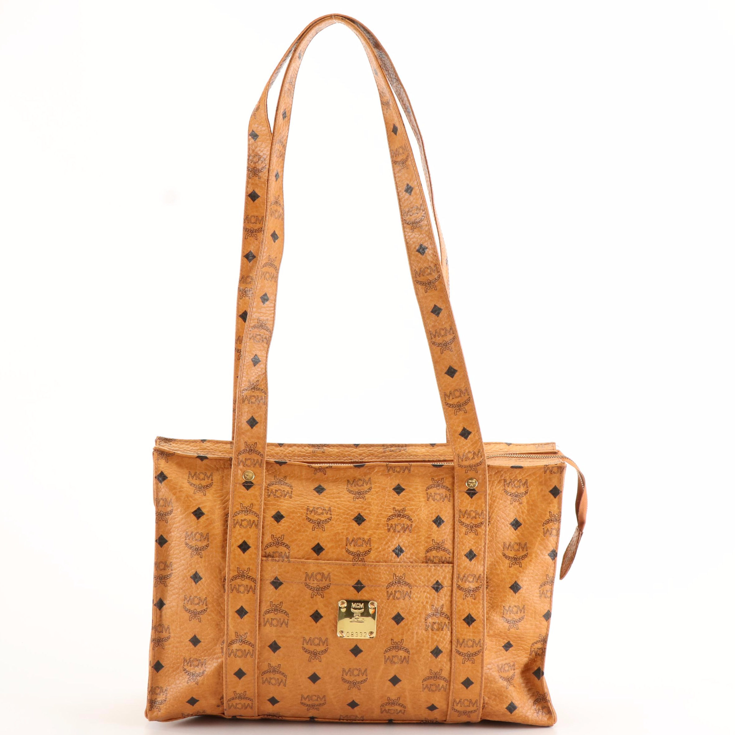 MCM Shoulder Tote Bag in Cognac Visetos Coated Canvas