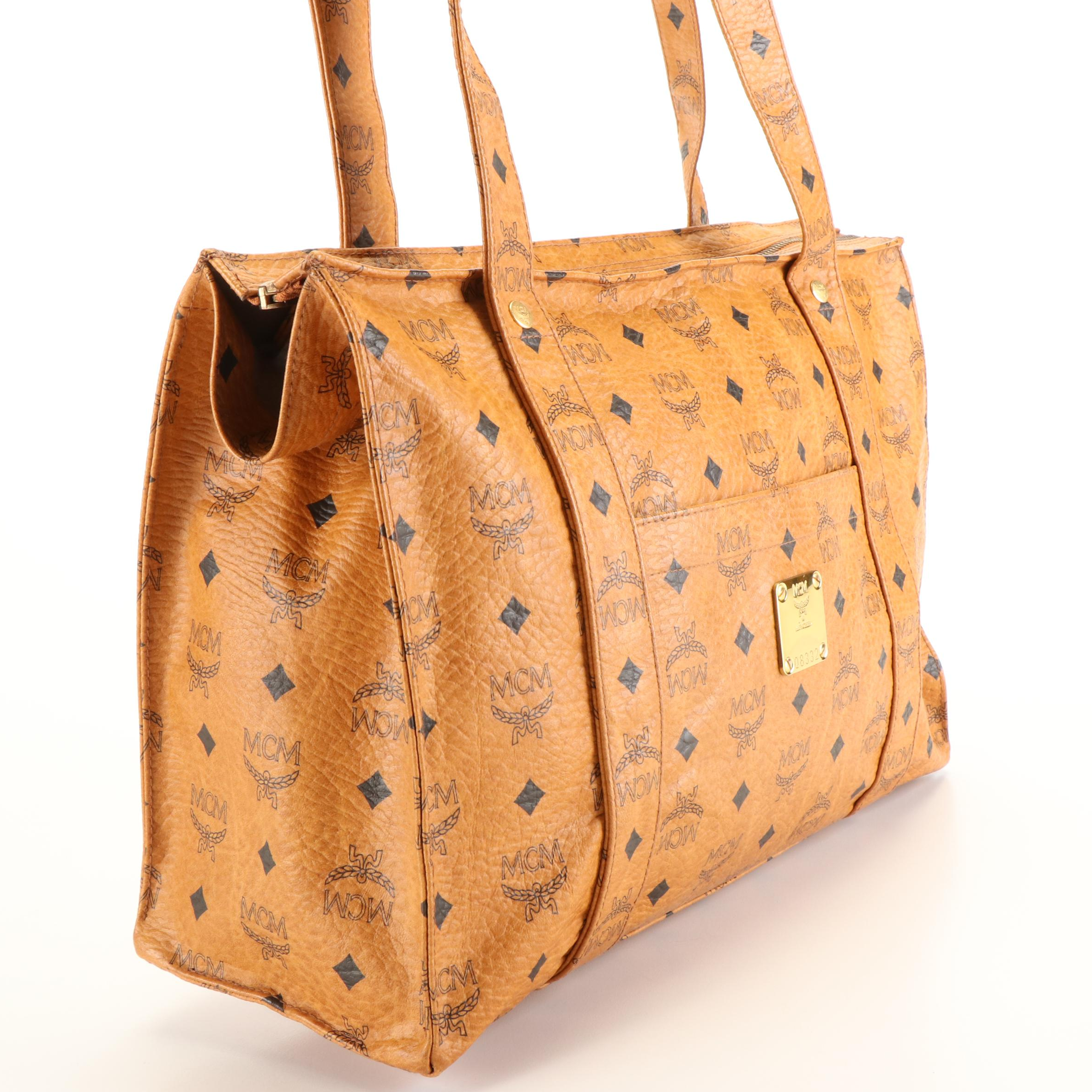 MCM Shoulder Tote Bag in Cognac Visetos Coated Canvas