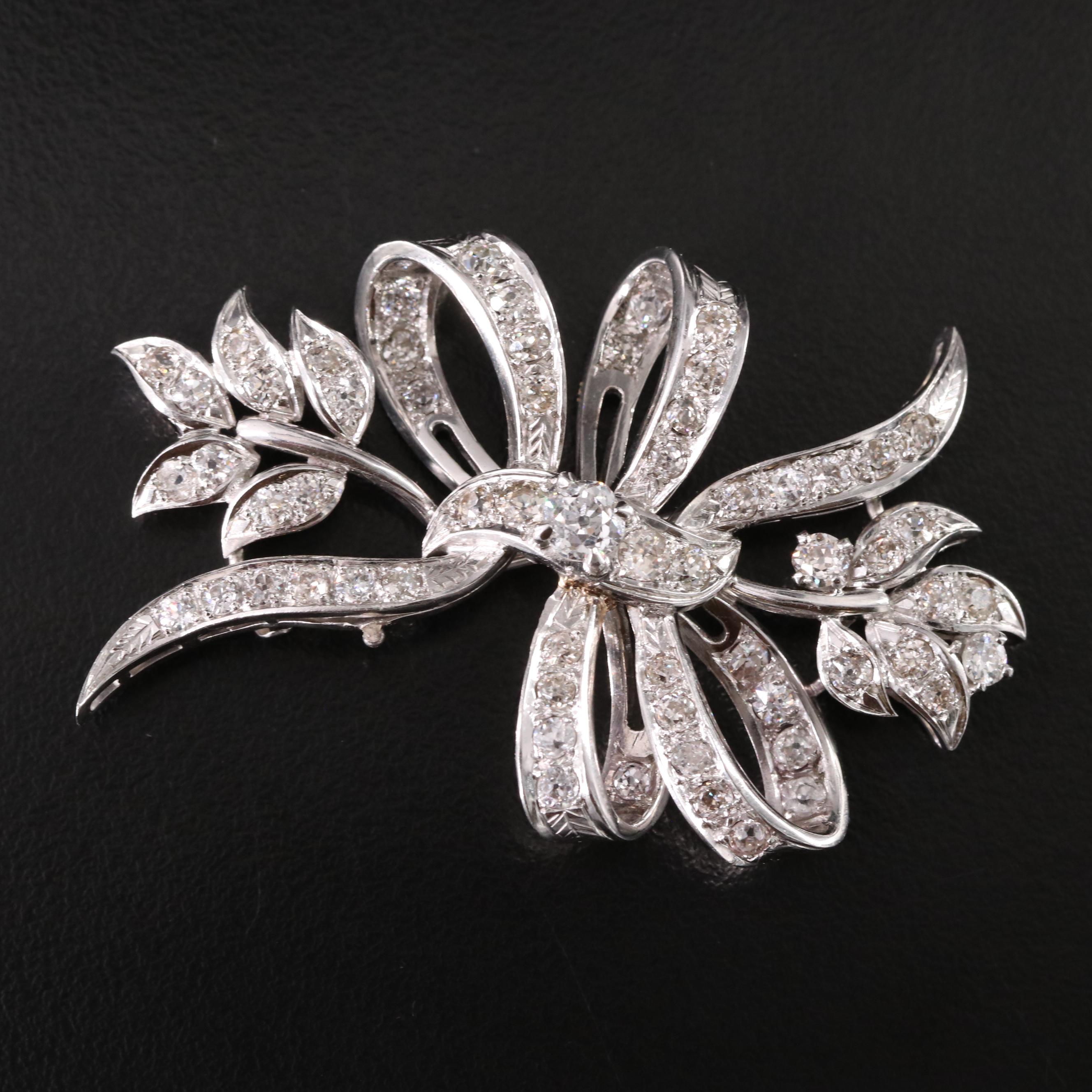 Platinum 4.84  CTW Old Cut Diamond Ribbons and Fronds Brooch