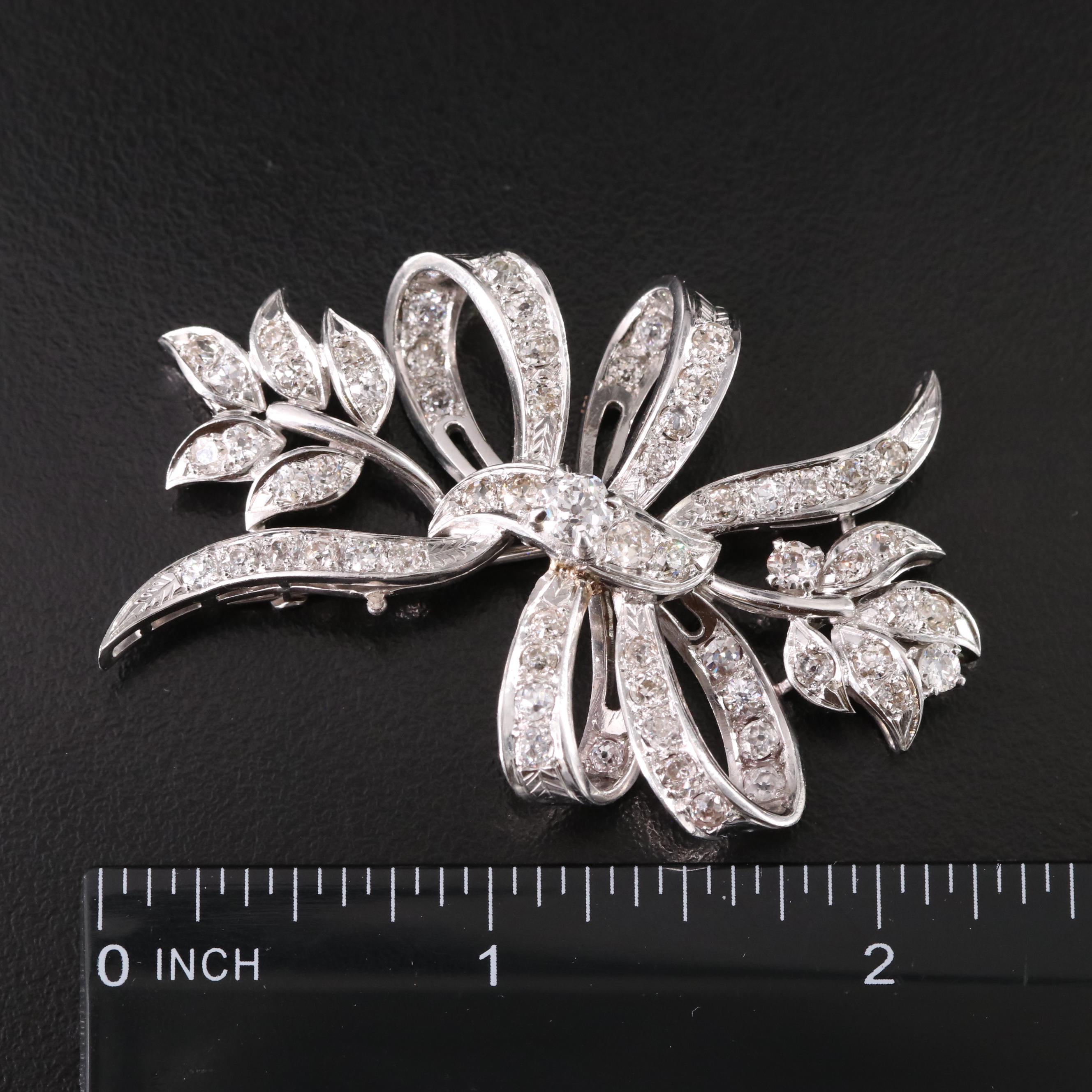 Platinum 4.84  CTW Old Cut Diamond Ribbons and Fronds Brooch