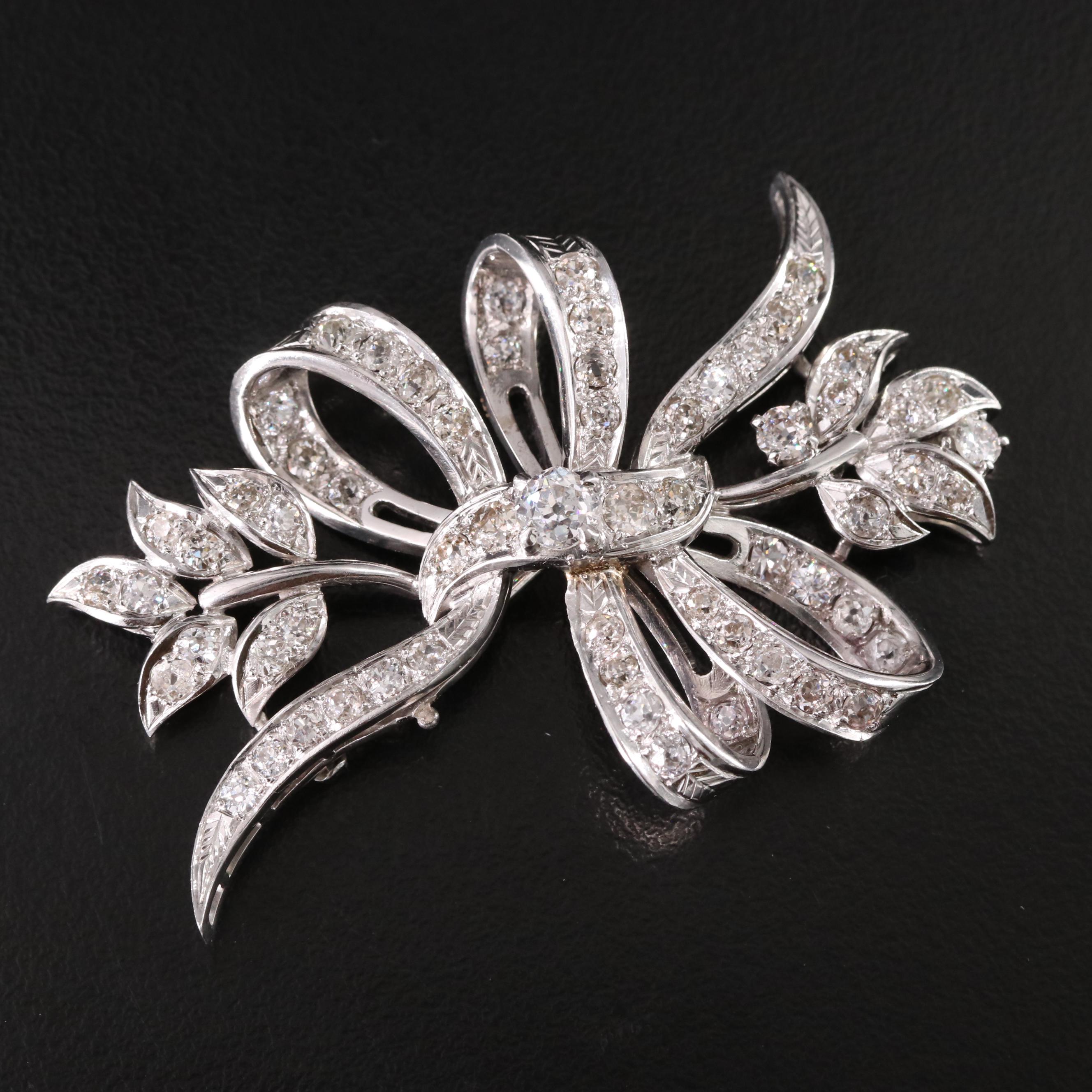 Platinum 4.84  CTW Old Cut Diamond Ribbons and Fronds Brooch
