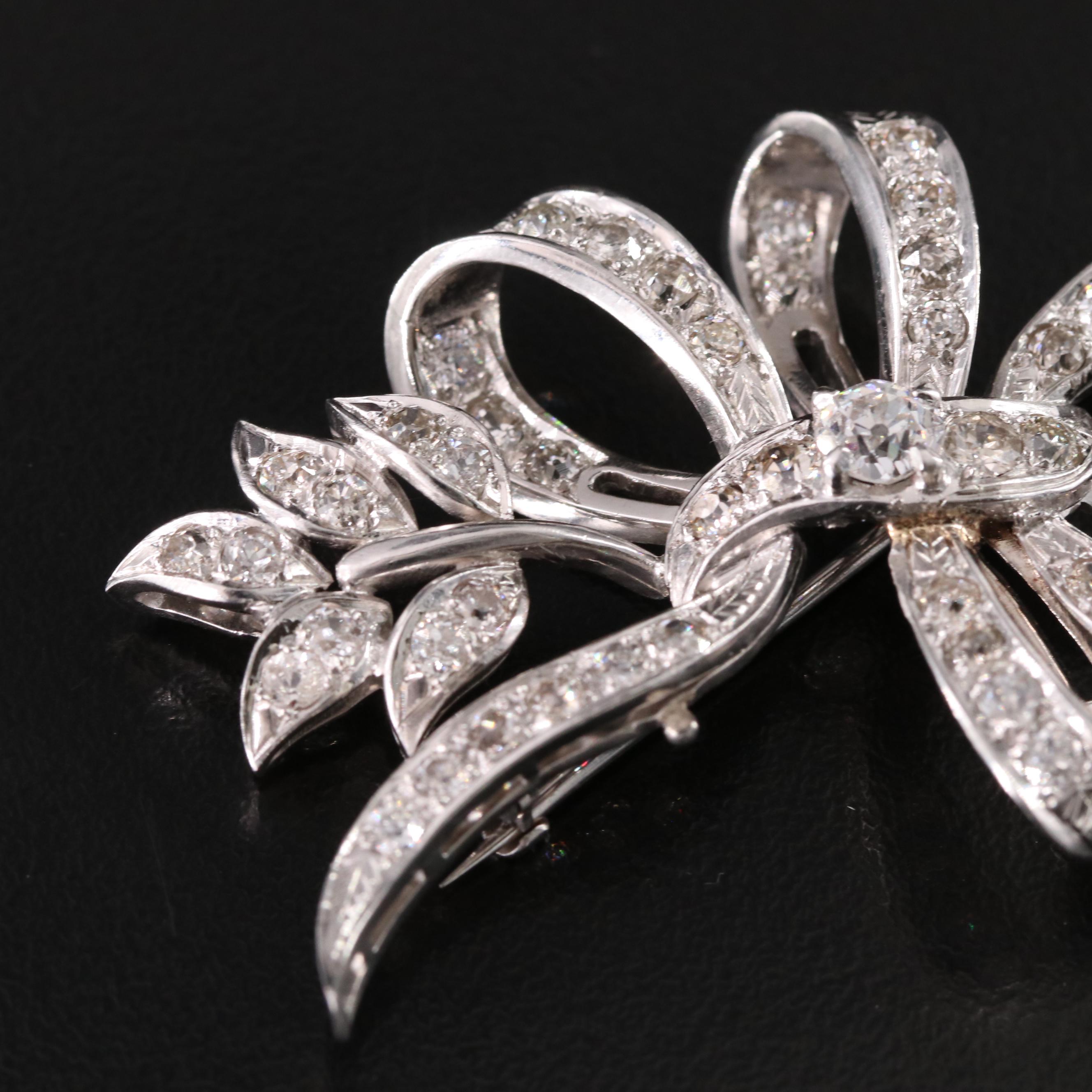 Platinum 4.84  CTW Old Cut Diamond Ribbons and Fronds Brooch