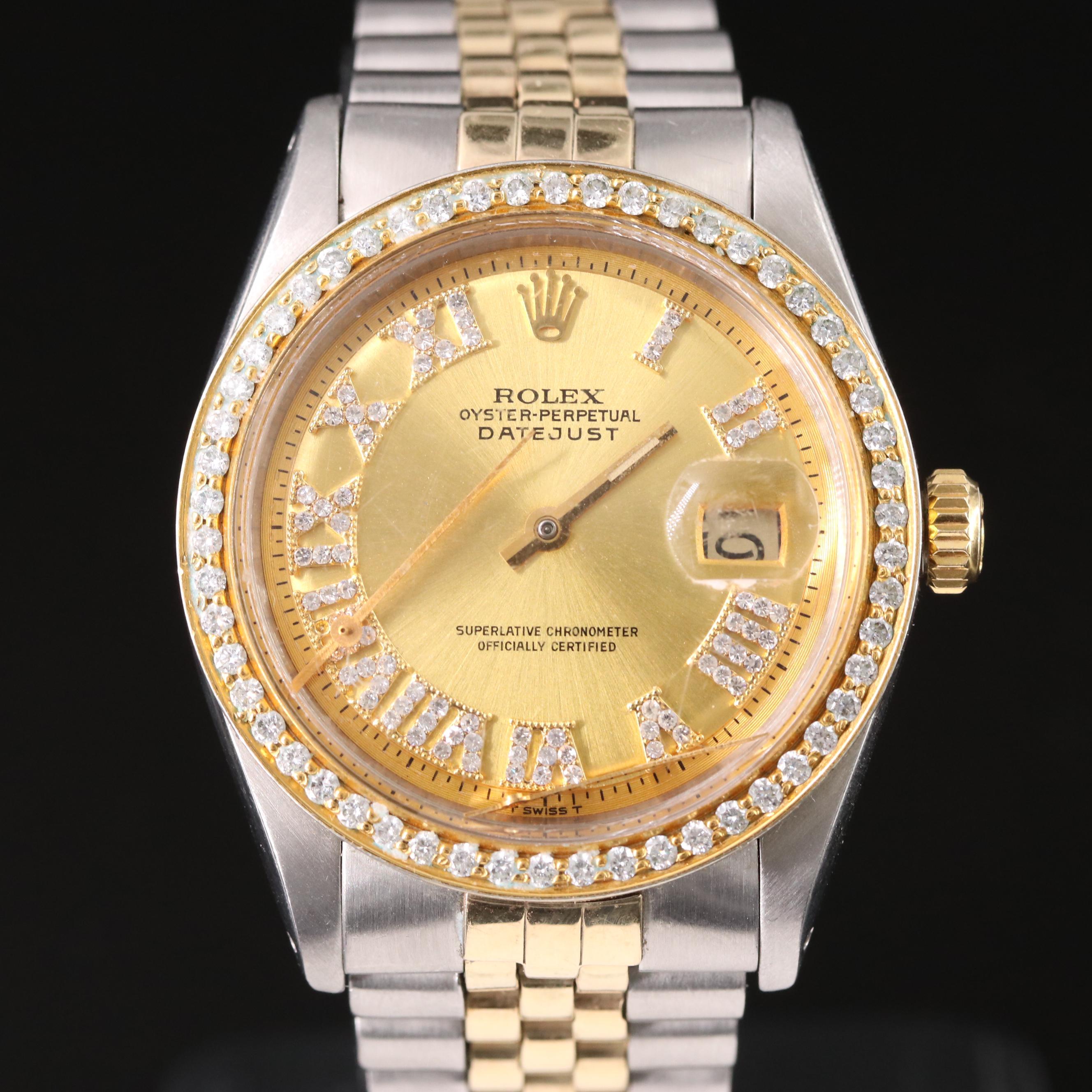 1975 Rolex Datejust 1601 Custom Rhinestone Dial & Diamond Bezel Automatic Watch