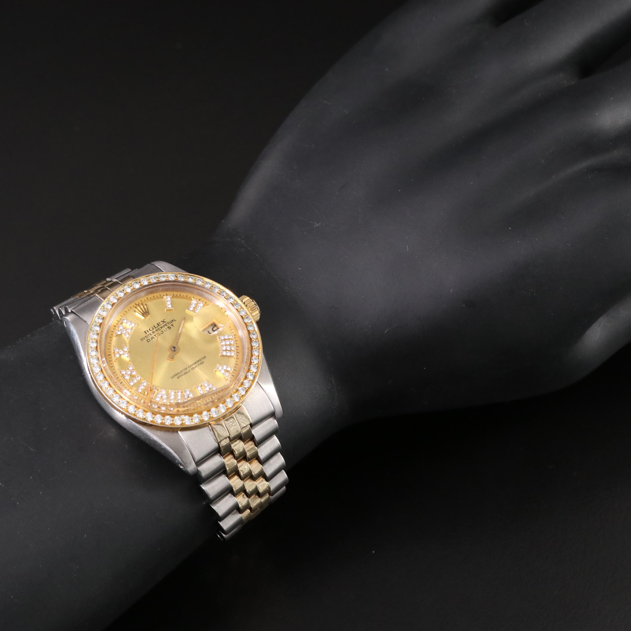 1975 Rolex Datejust 1601 Custom Rhinestone Dial & Diamond Bezel Automatic Watch