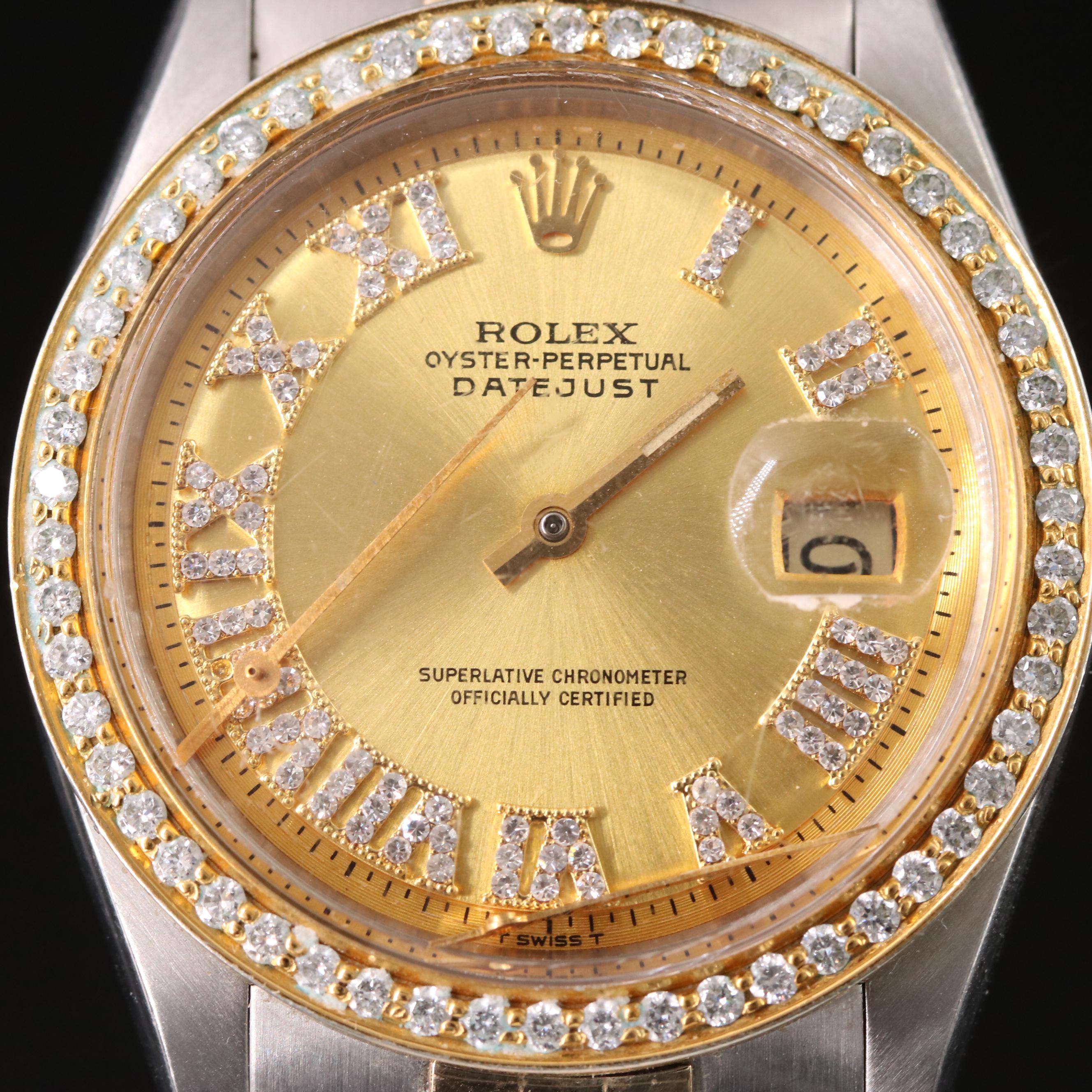 1975 Rolex Datejust 1601 Custom Rhinestone Dial & Diamond Bezel Automatic Watch