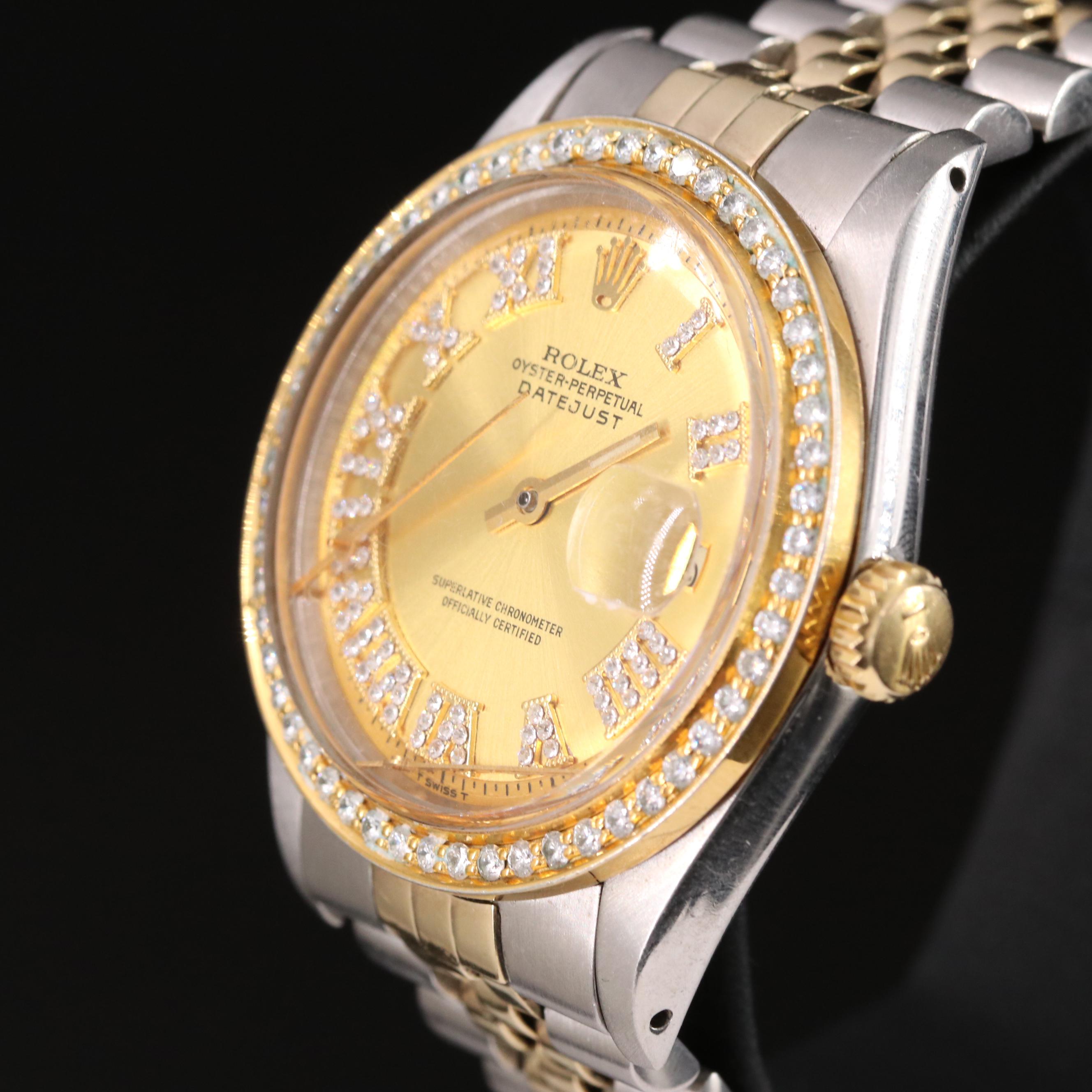 1975 Rolex Datejust 1601 Custom Rhinestone Dial & Diamond Bezel Automatic Watch