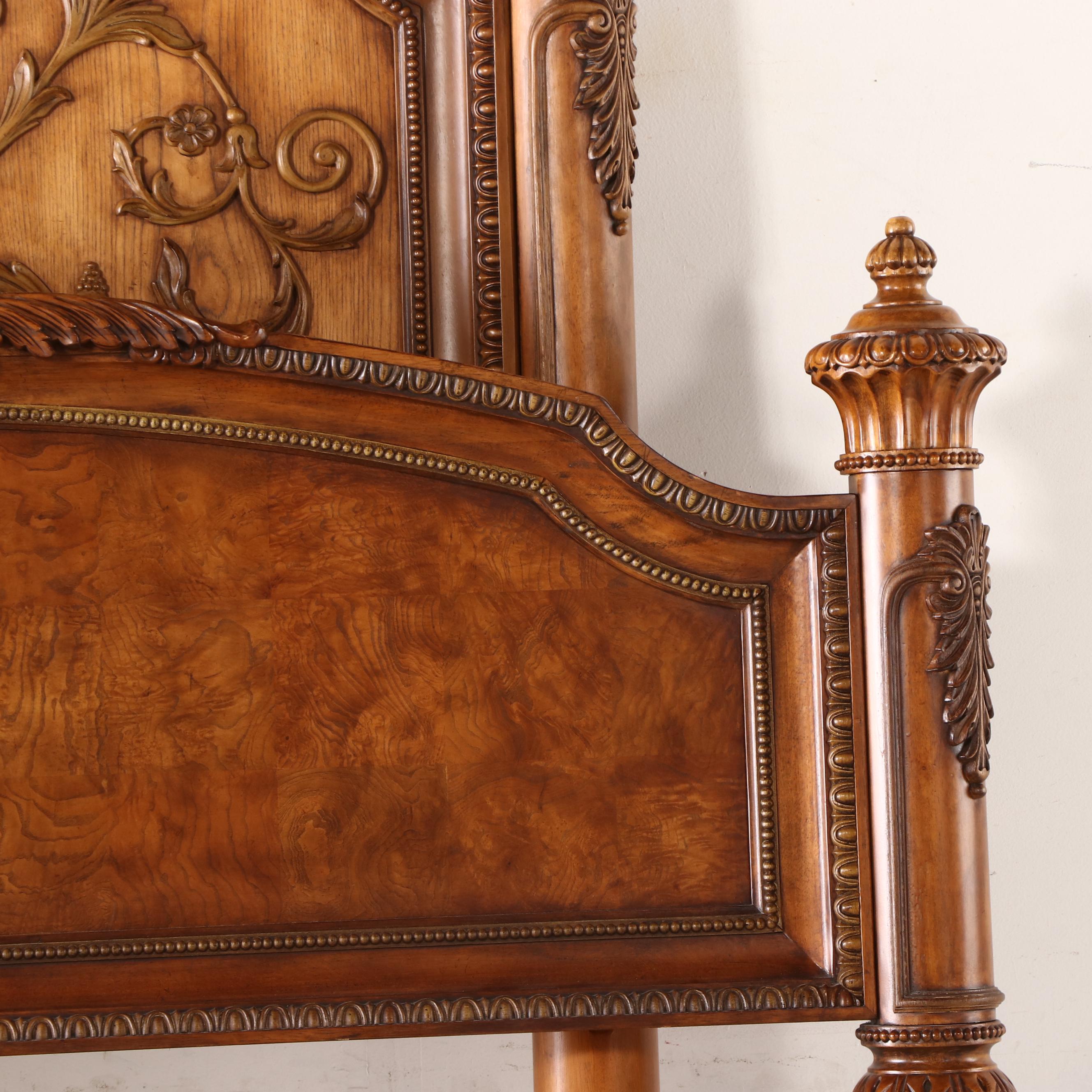 Louis XV Style Oak and Burl Wood King Sized Bed Frame