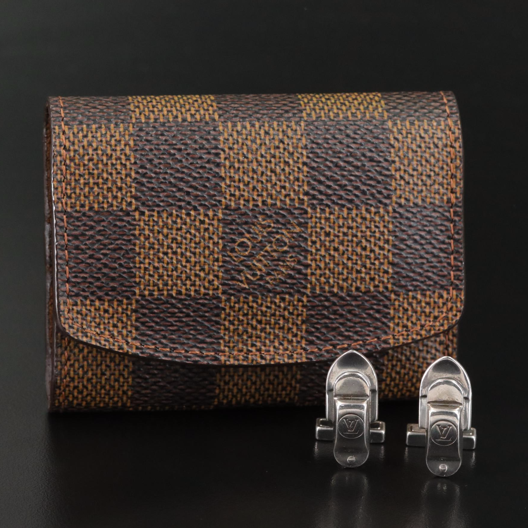 Louis Vuitton Sterling Trunk Latch Cufflinks with Damier Ebene Canvas Case