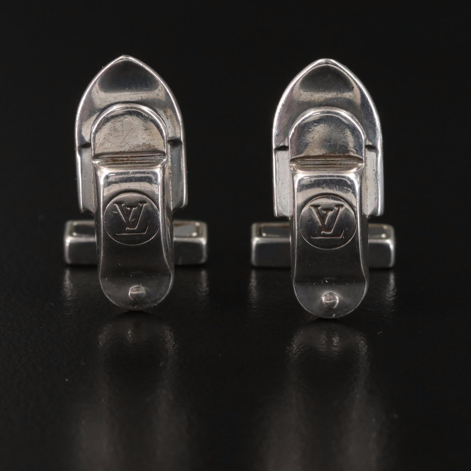 Louis Vuitton Sterling Trunk Latch Cufflinks with Damier Ebene Canvas Case