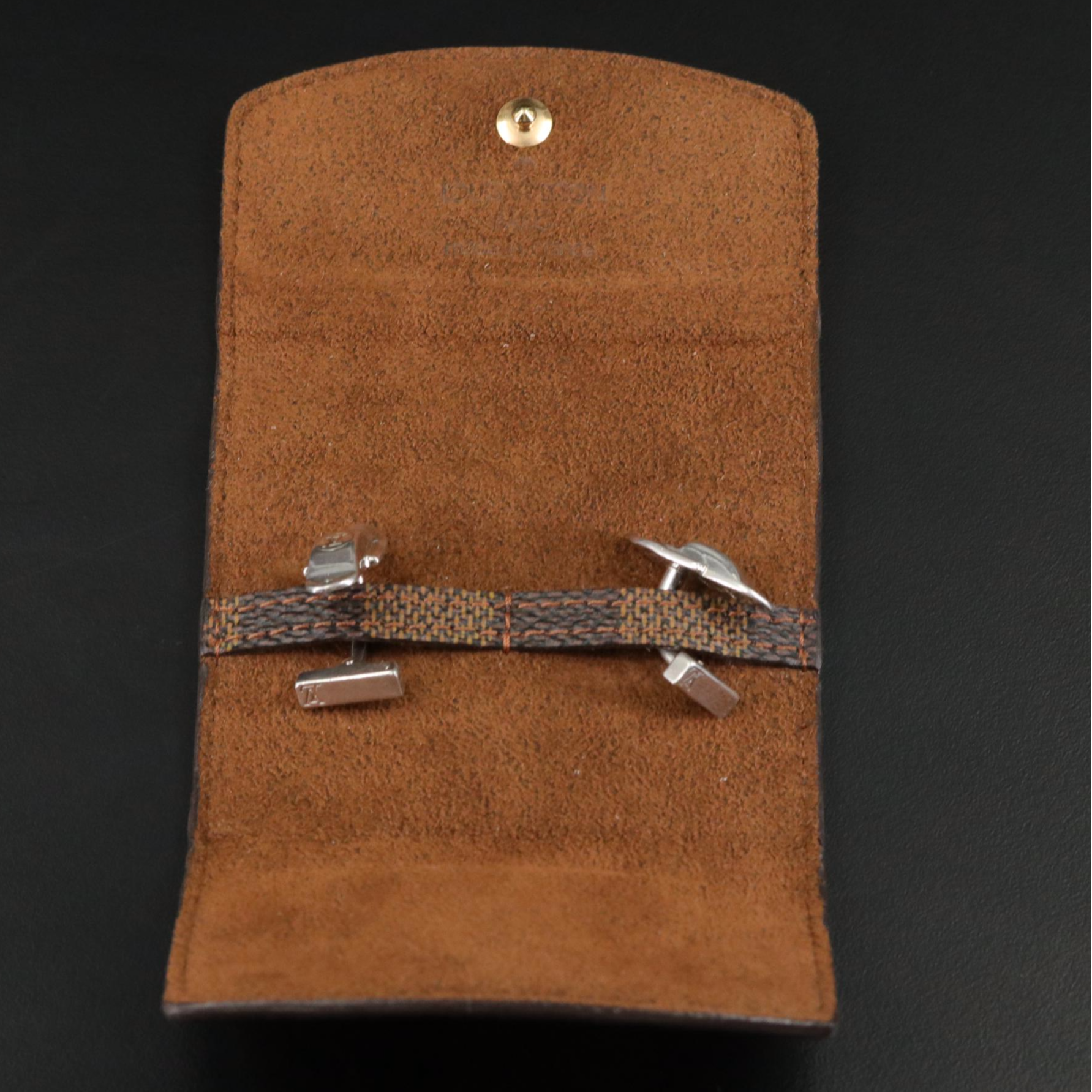 Louis Vuitton Sterling Trunk Latch Cufflinks with Damier Ebene Canvas Case