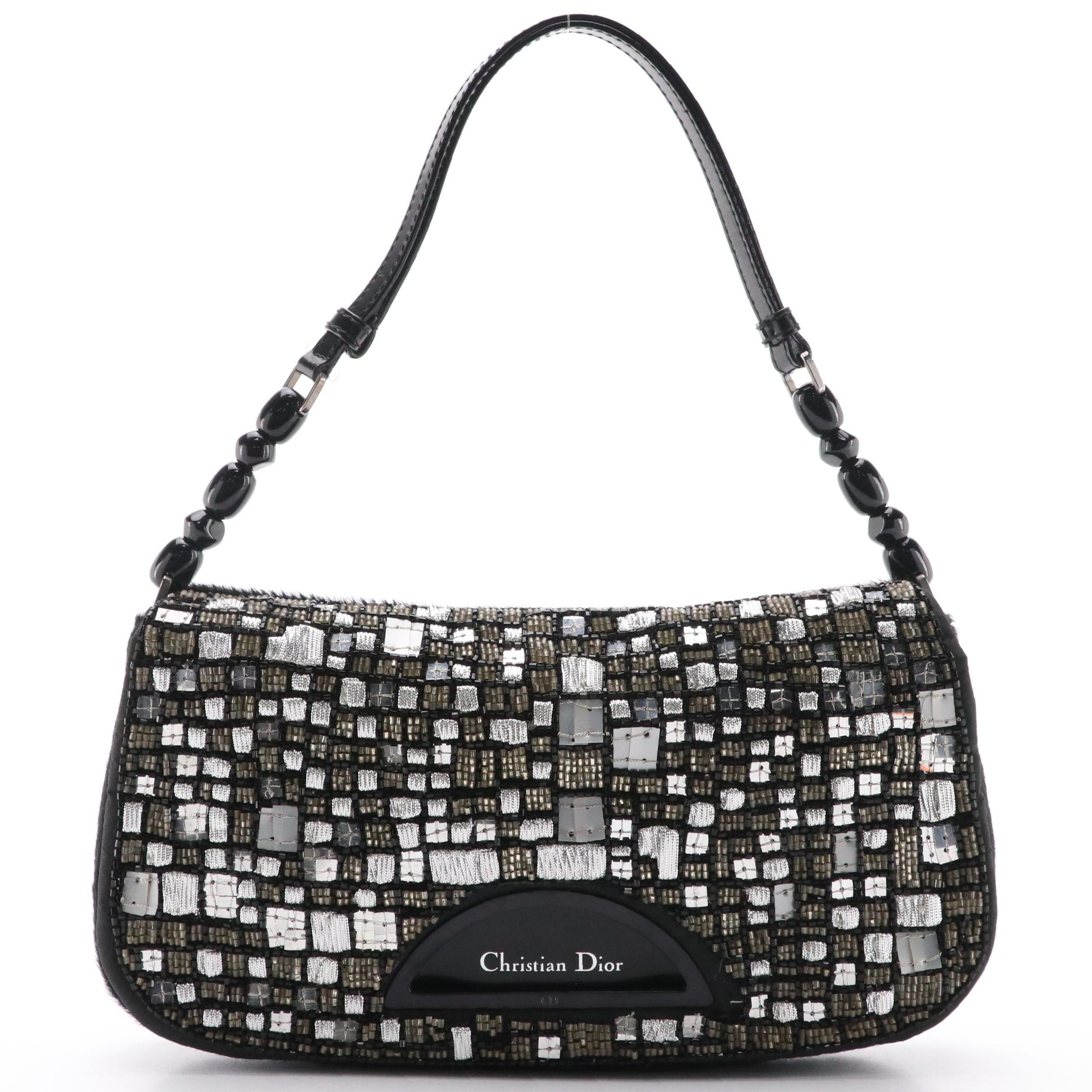 Christian Dior Malice Baguette Pearl Shoulder Bag in Embellished Black Pony Hair