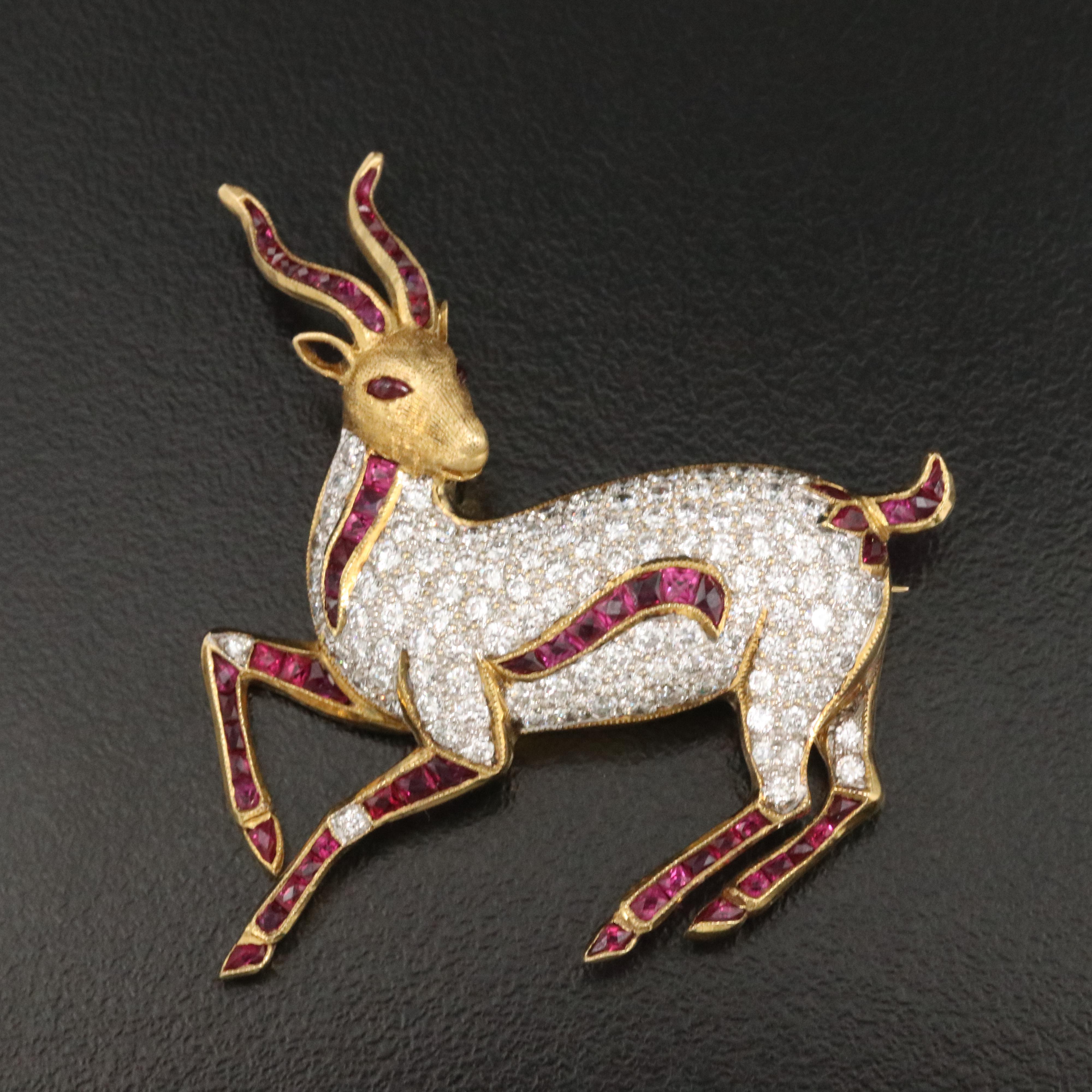 18K 1.50 CTW Diamond and Ruby Gazelle Brooch