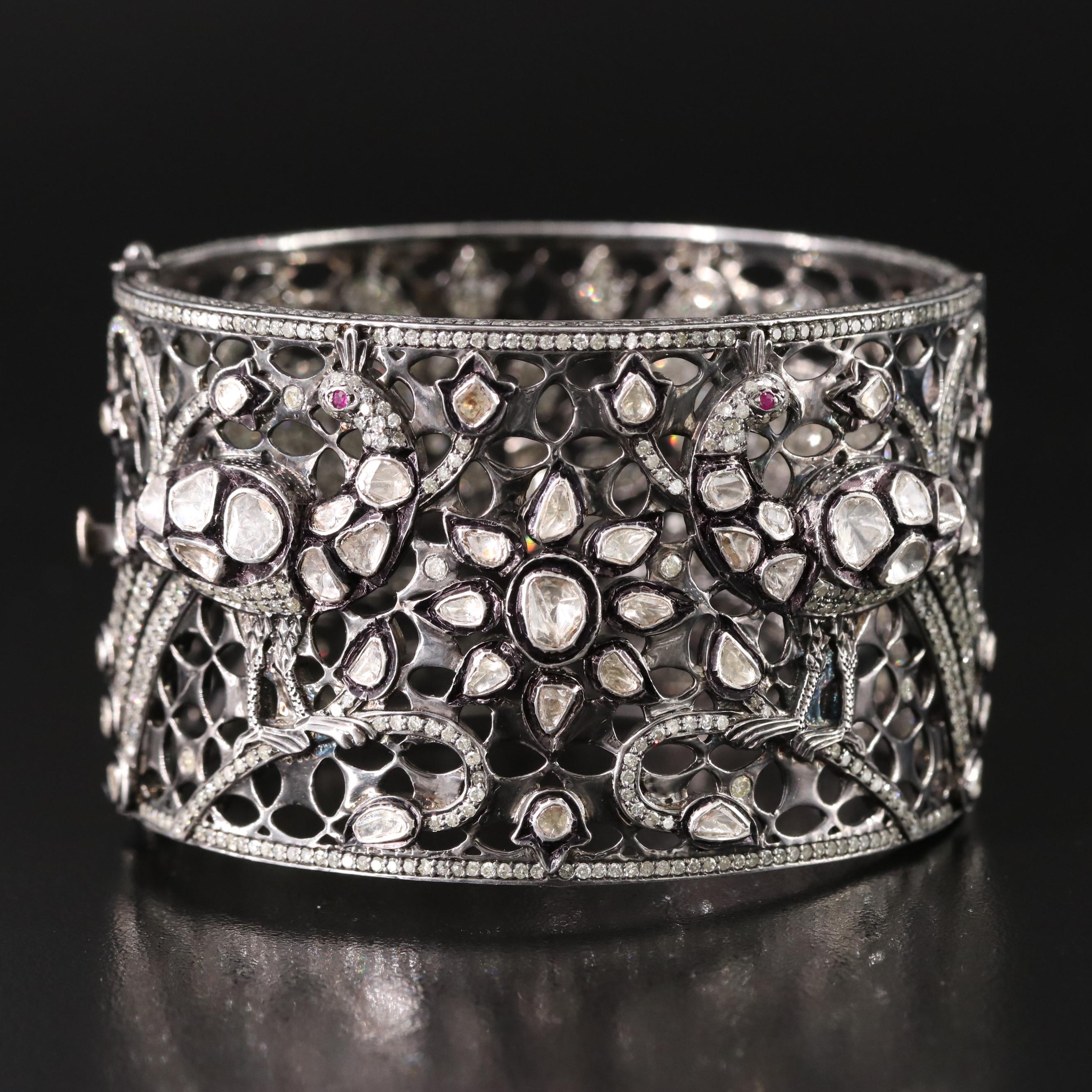 13.97 CTW Diamond Peacock and Flower Hinged Cuff in Sterling with Ruby Accents