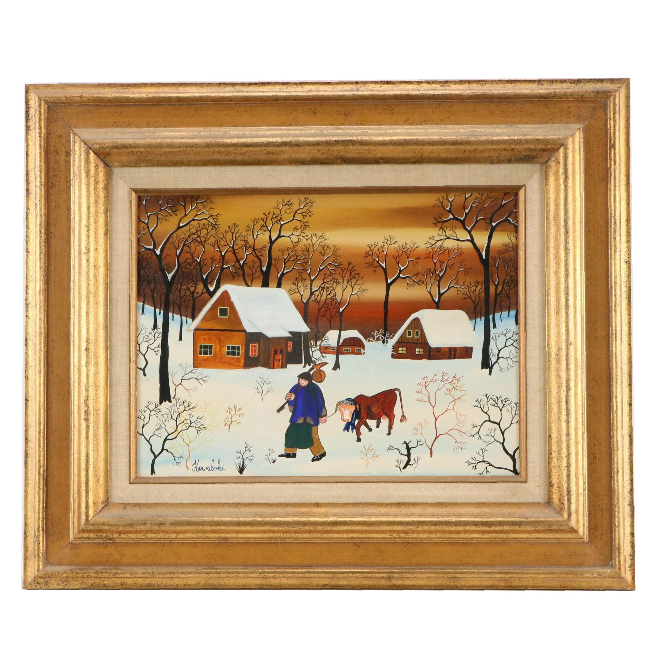 A. Kowalski Folk Art Oil Painting Landscape with Man and Cow, 20th Century