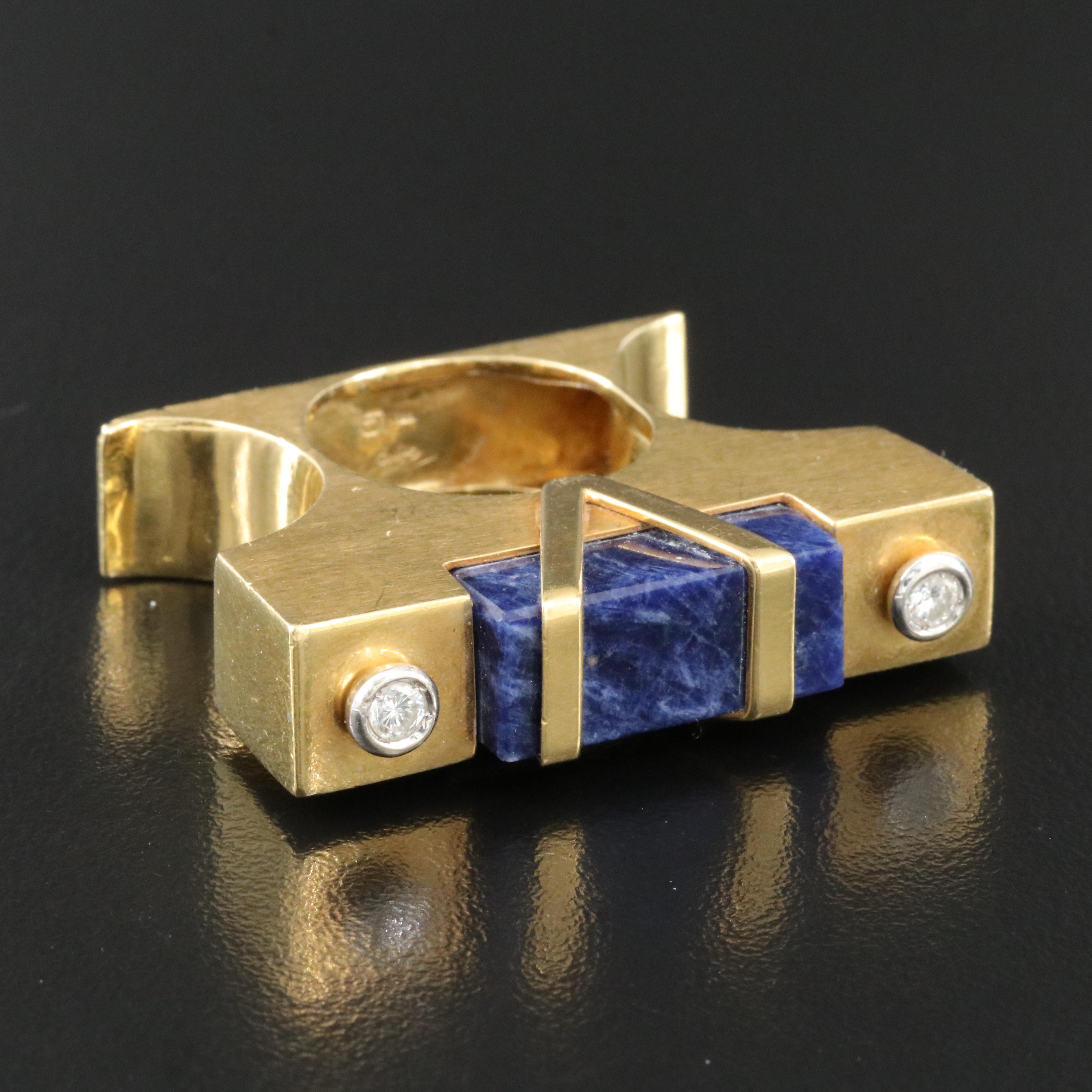 18K Sodalite and Diamond Architectural Between the Finger Ring, Signed GAMO