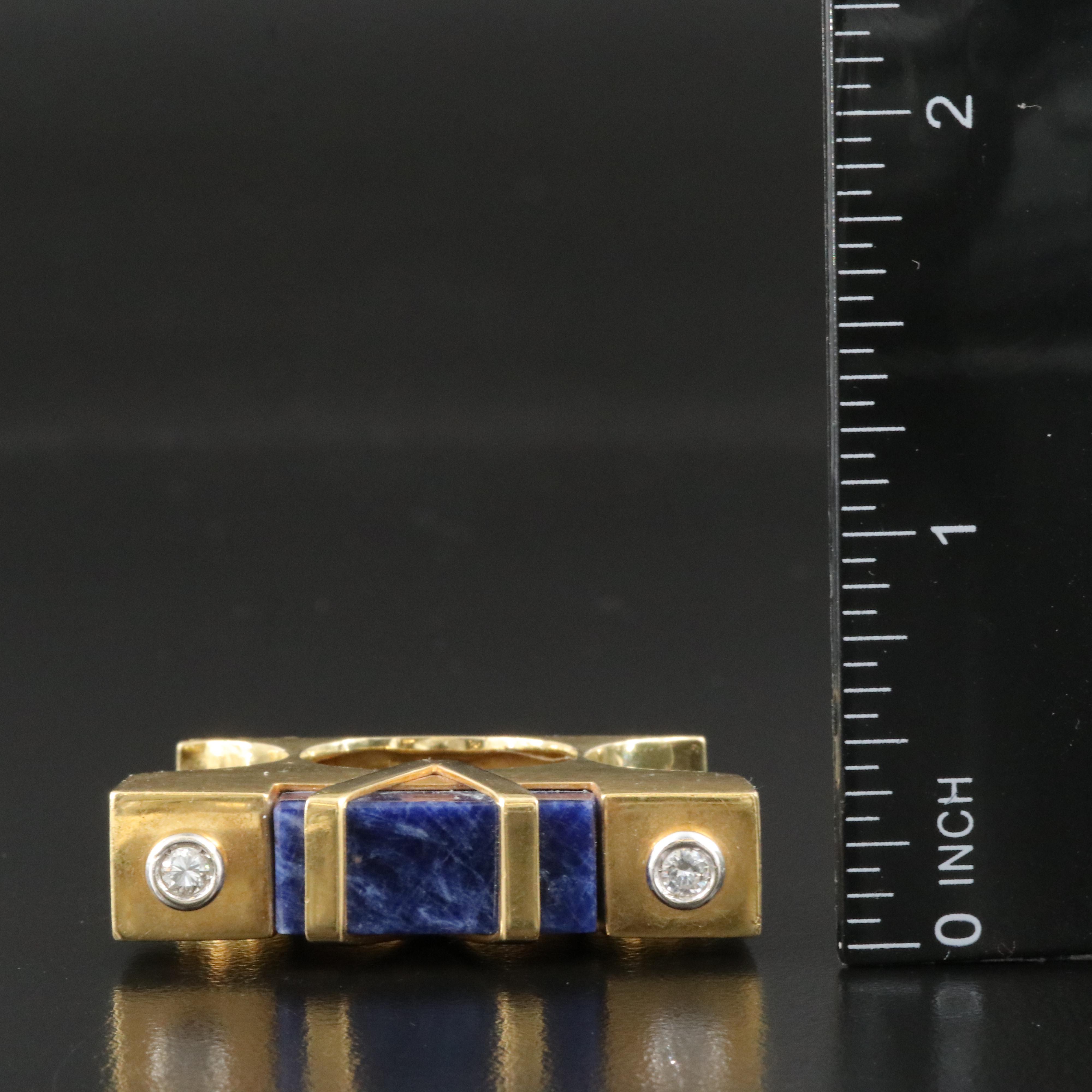 18K Sodalite and Diamond Architectural Between the Finger Ring, Signed GAMO