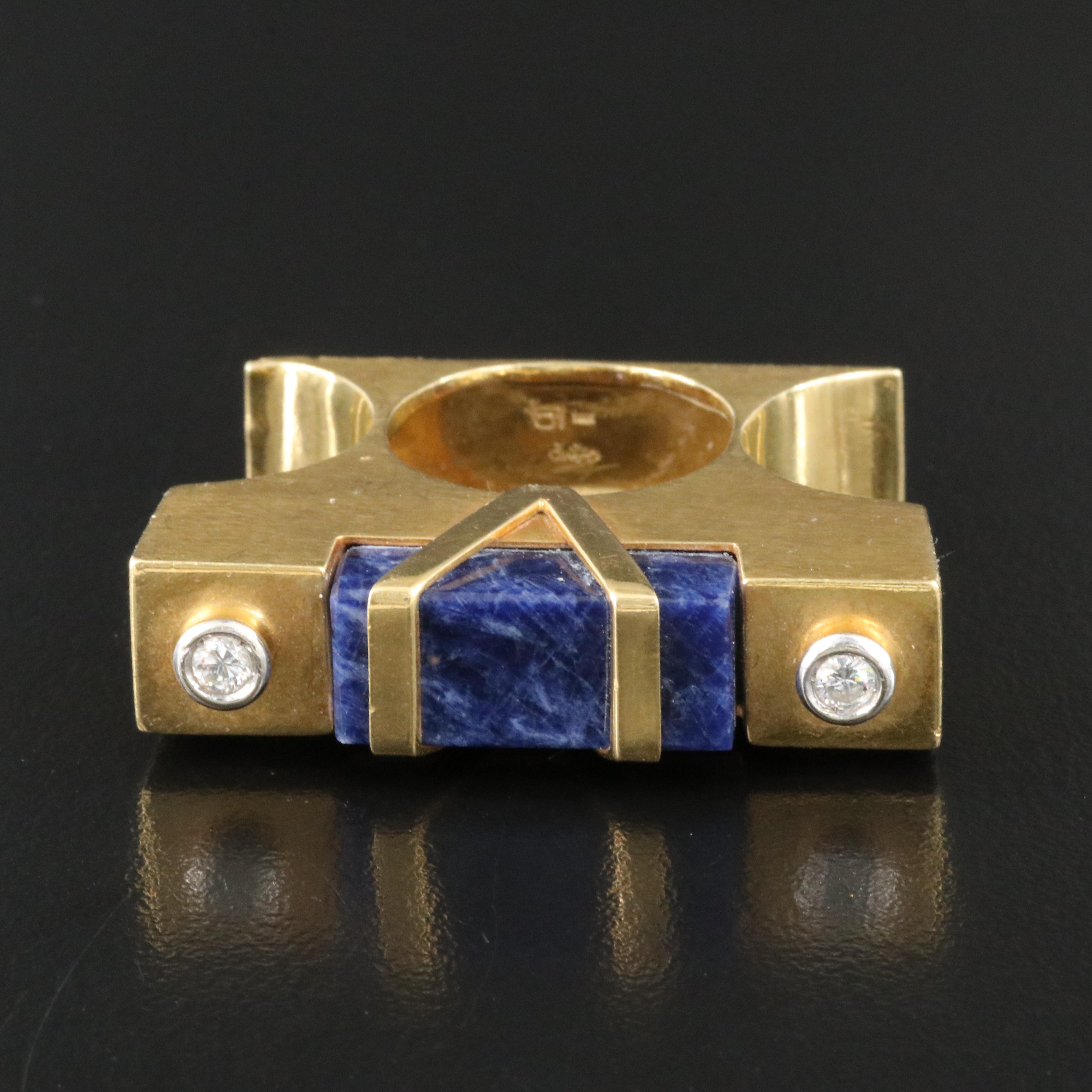 18K Sodalite and Diamond Architectural Between the Finger Ring, Signed GAMO