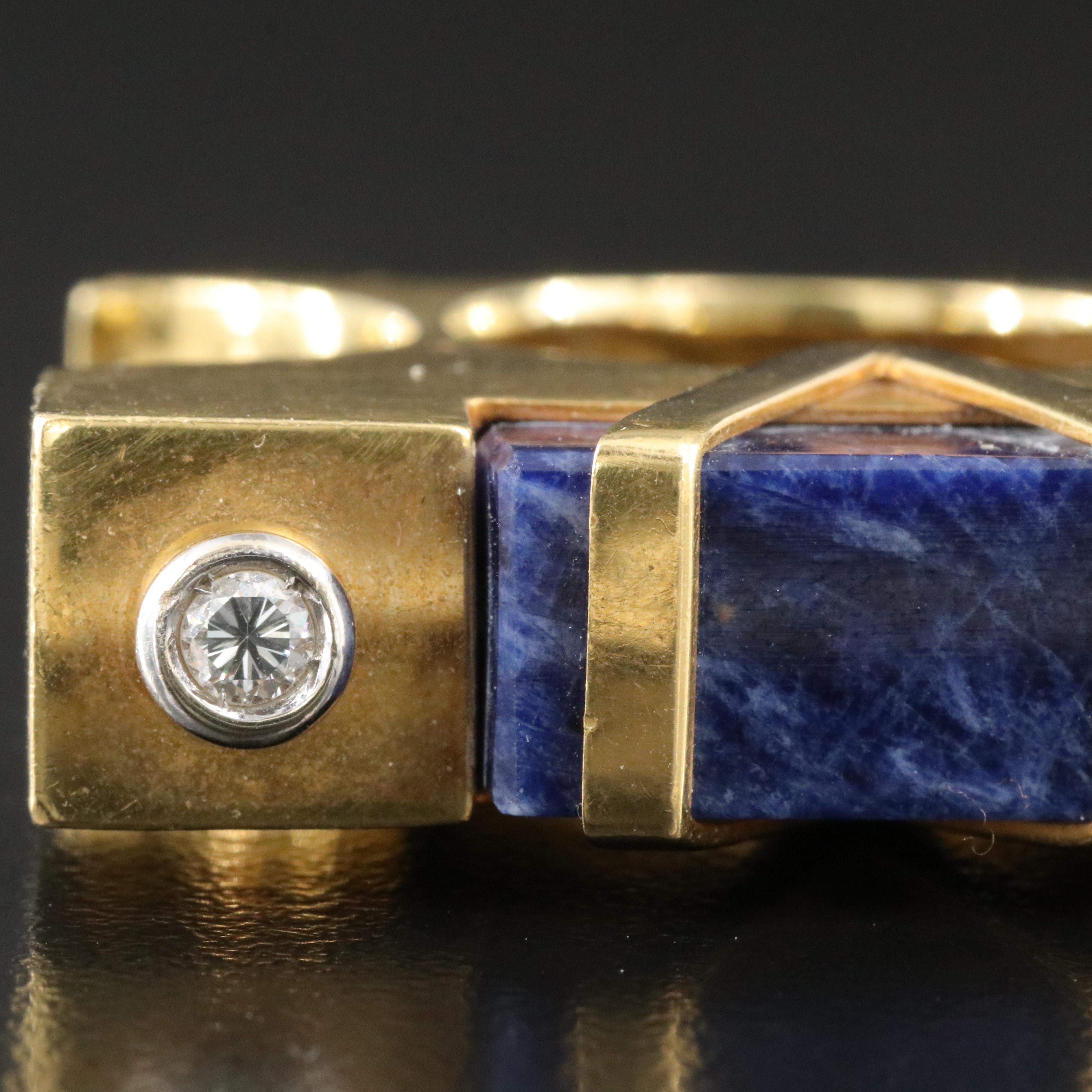 18K Sodalite and Diamond Architectural Between the Finger Ring, Signed GAMO