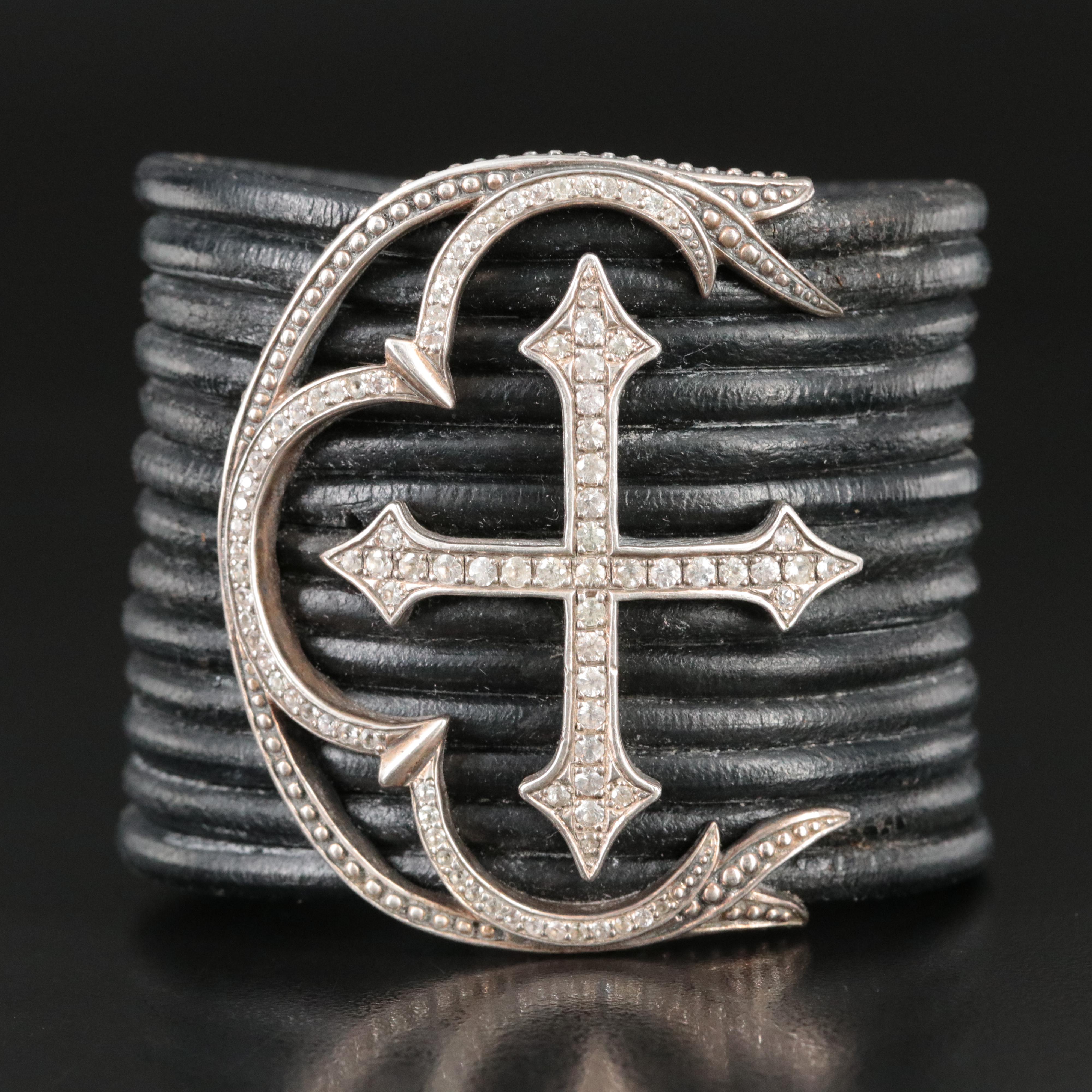 Scott Kay Sterling White Sapphire Maltese Cross Wide Leather Bracelet