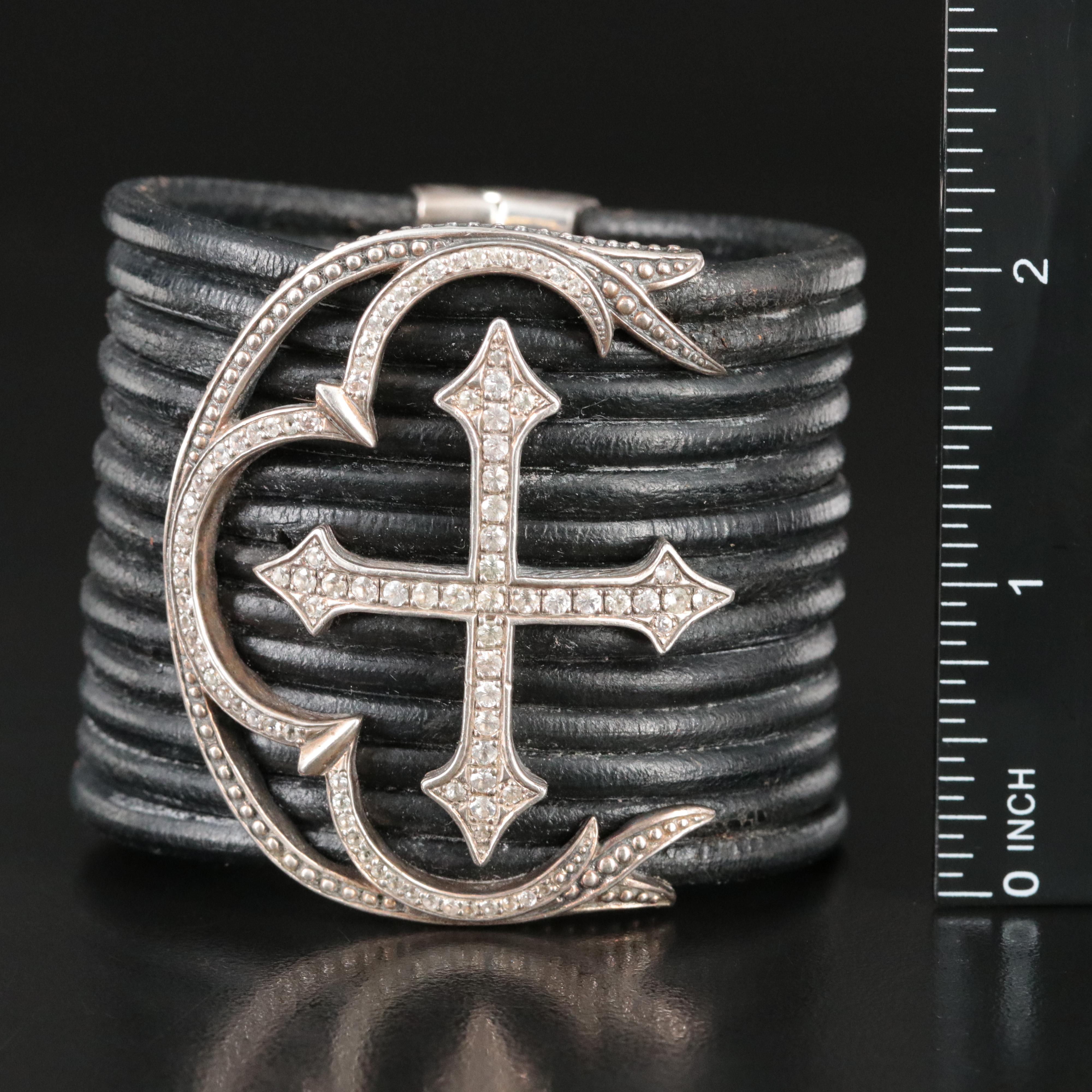 Scott Kay Sterling White Sapphire Maltese Cross Wide Leather Bracelet