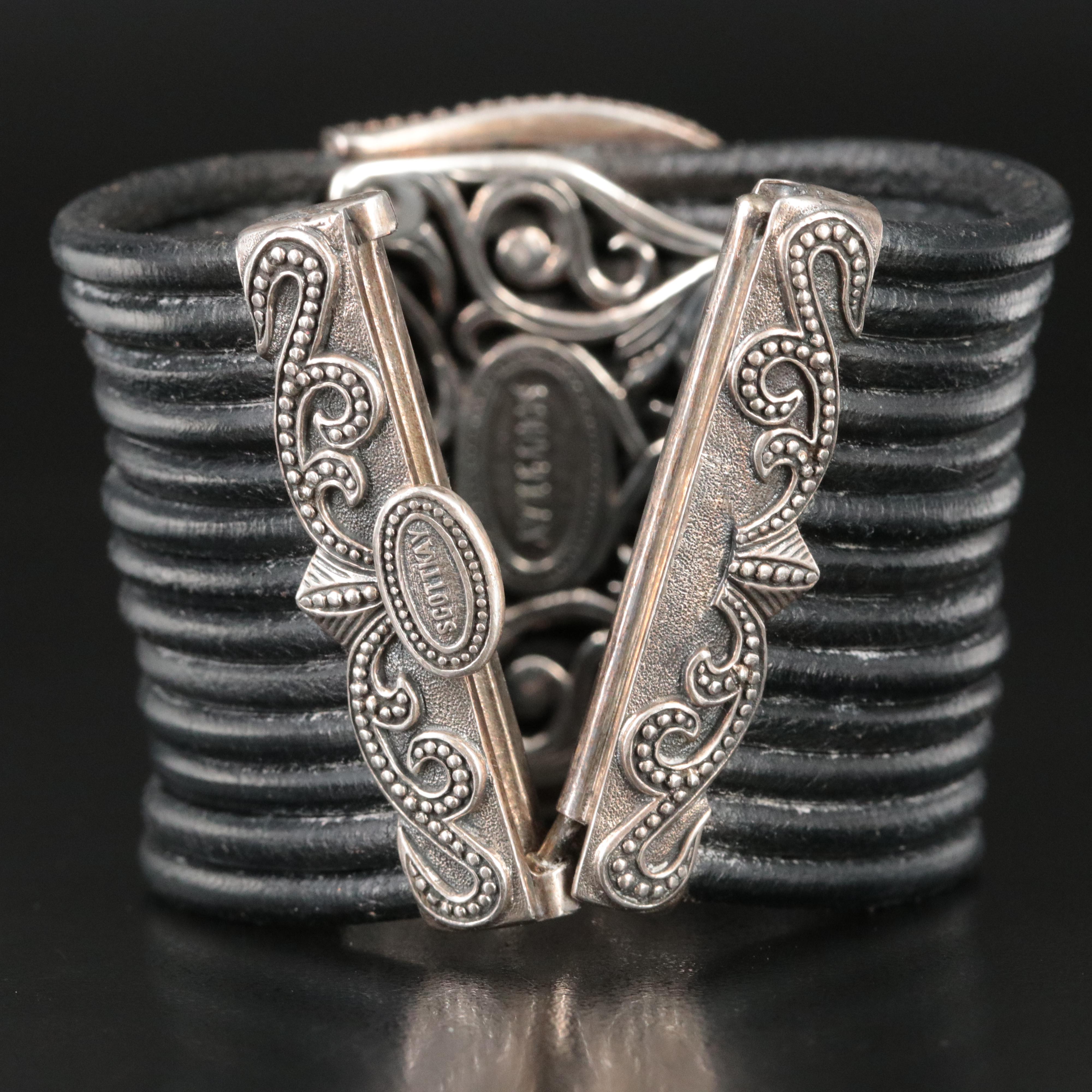 Scott Kay Sterling White Sapphire Maltese Cross Wide Leather Bracelet