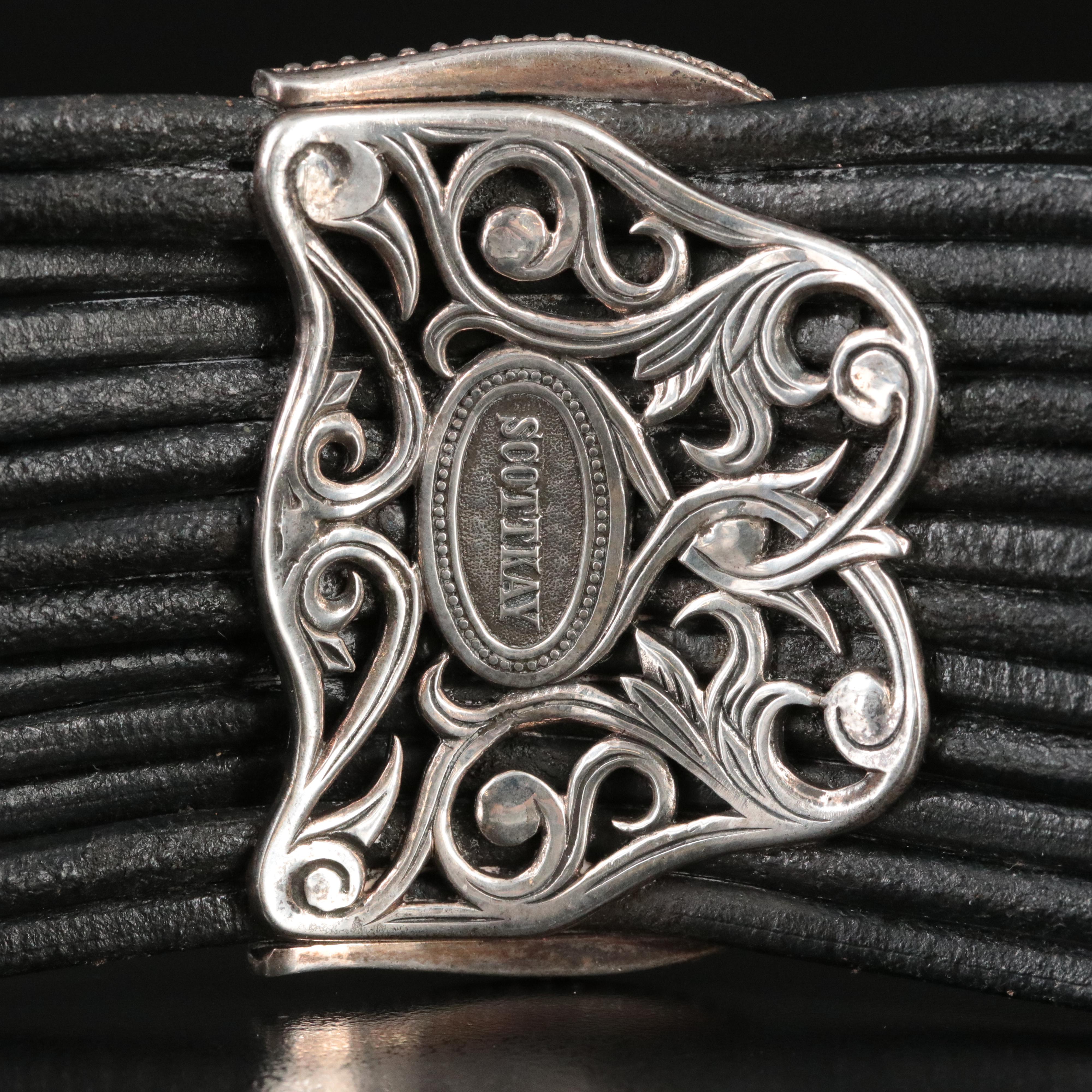 Scott Kay Sterling White Sapphire Maltese Cross Wide Leather Bracelet