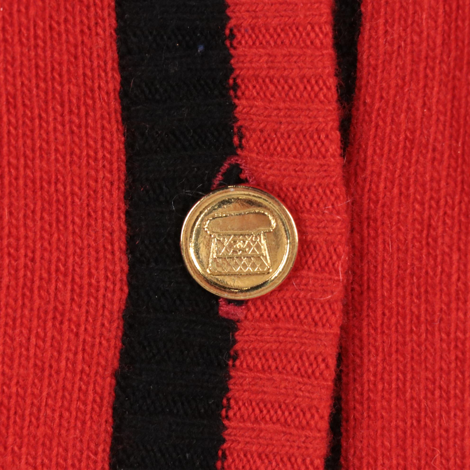 Chanel Vintage Red Cashmere Cardigan Sweater with Navy Trim, Late 20th Century