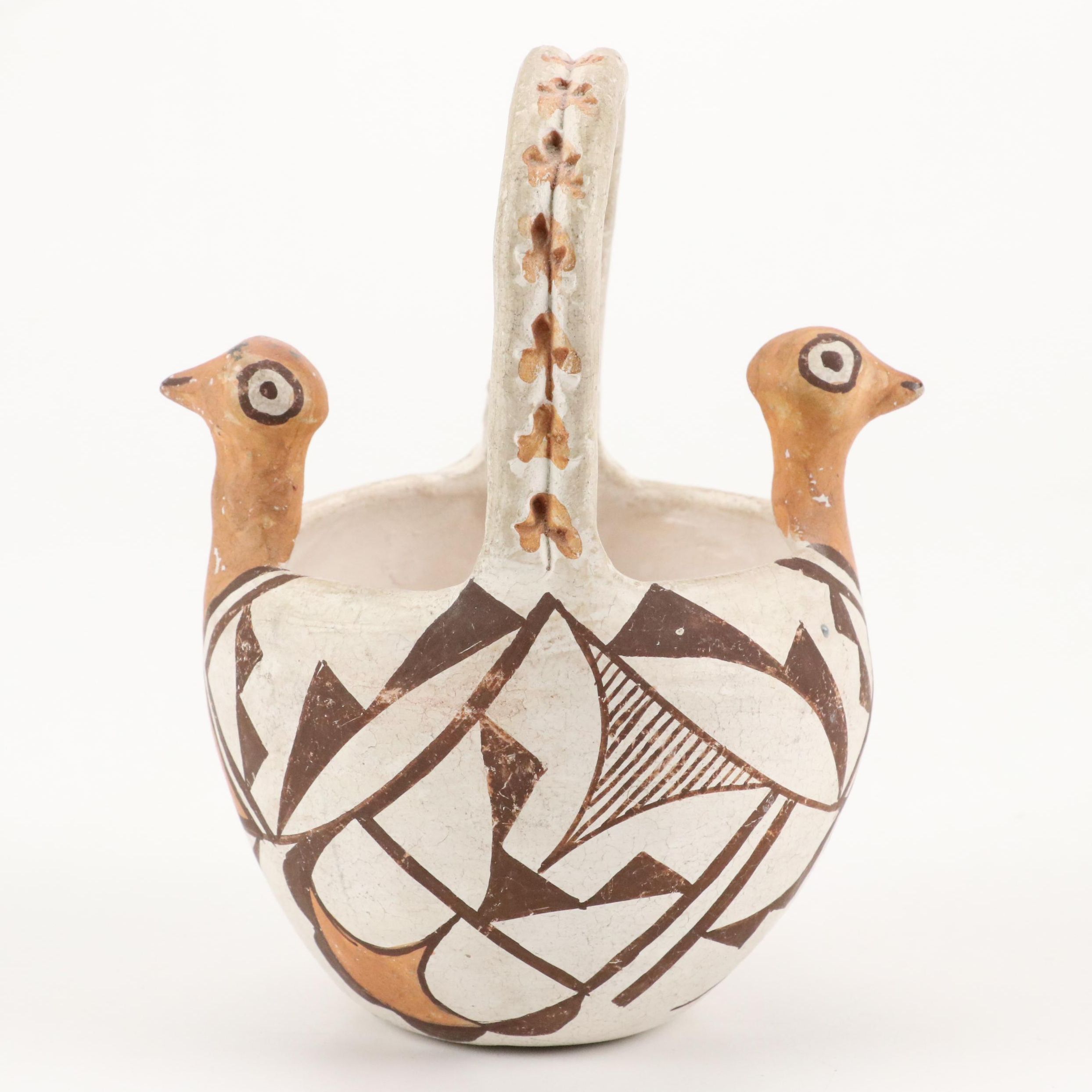 Acoma Pueblo Polychrome Pottery Bird Handled Pot