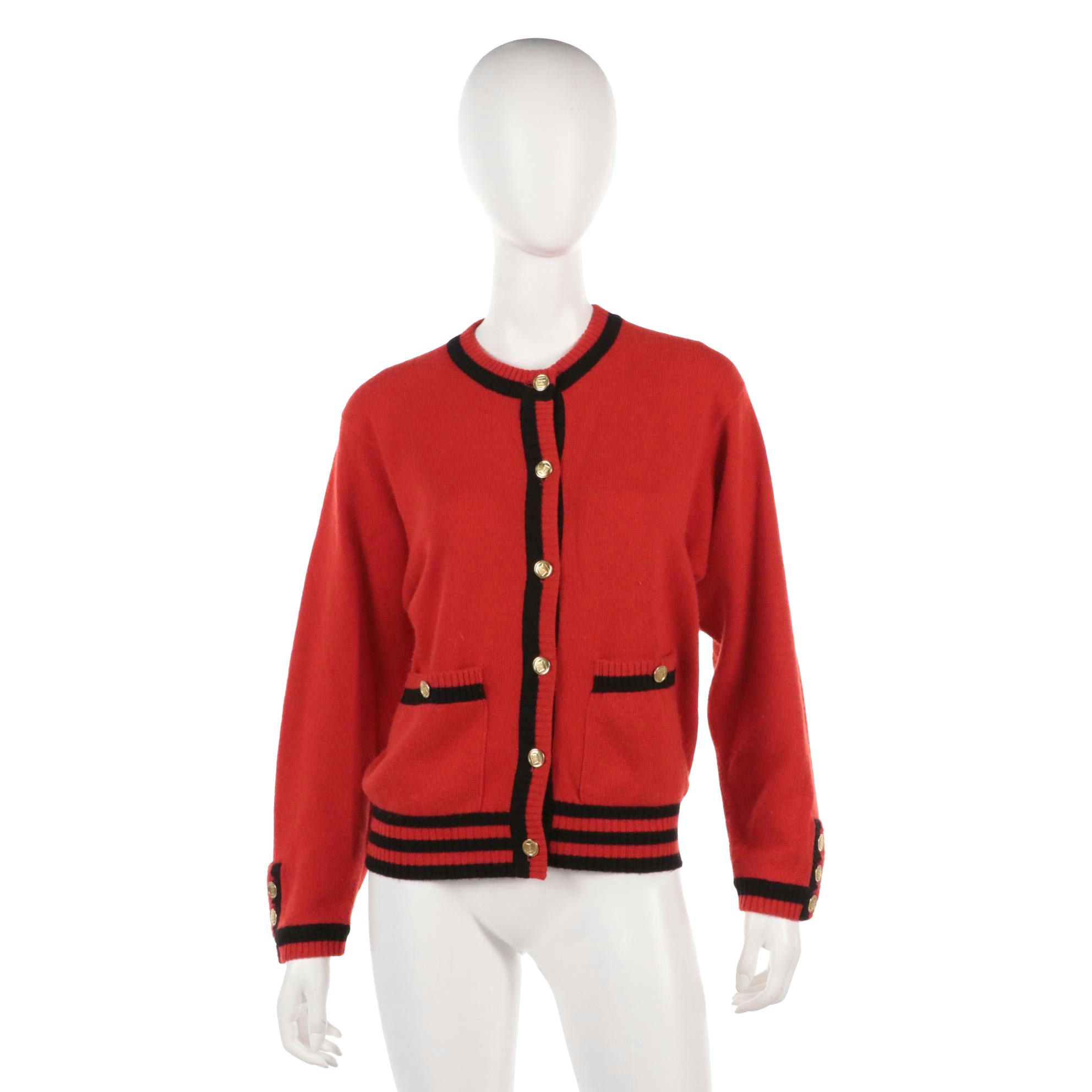 Chanel Vintage Red Cashmere Cardigan Sweater with Navy Trim, Late 20th Century