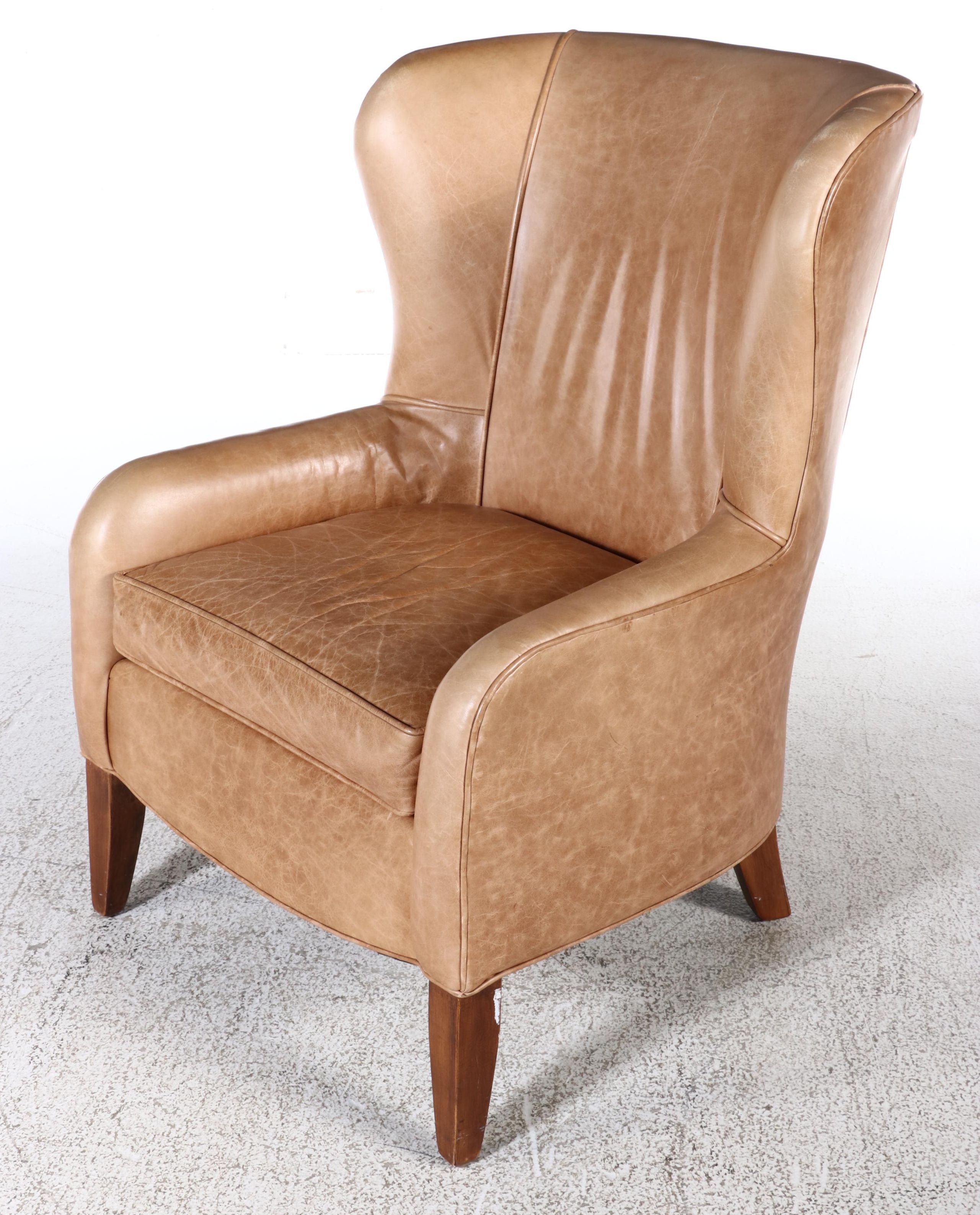 Ethan Allen Hardwood and Leather Wingback Armchair and Ottoman