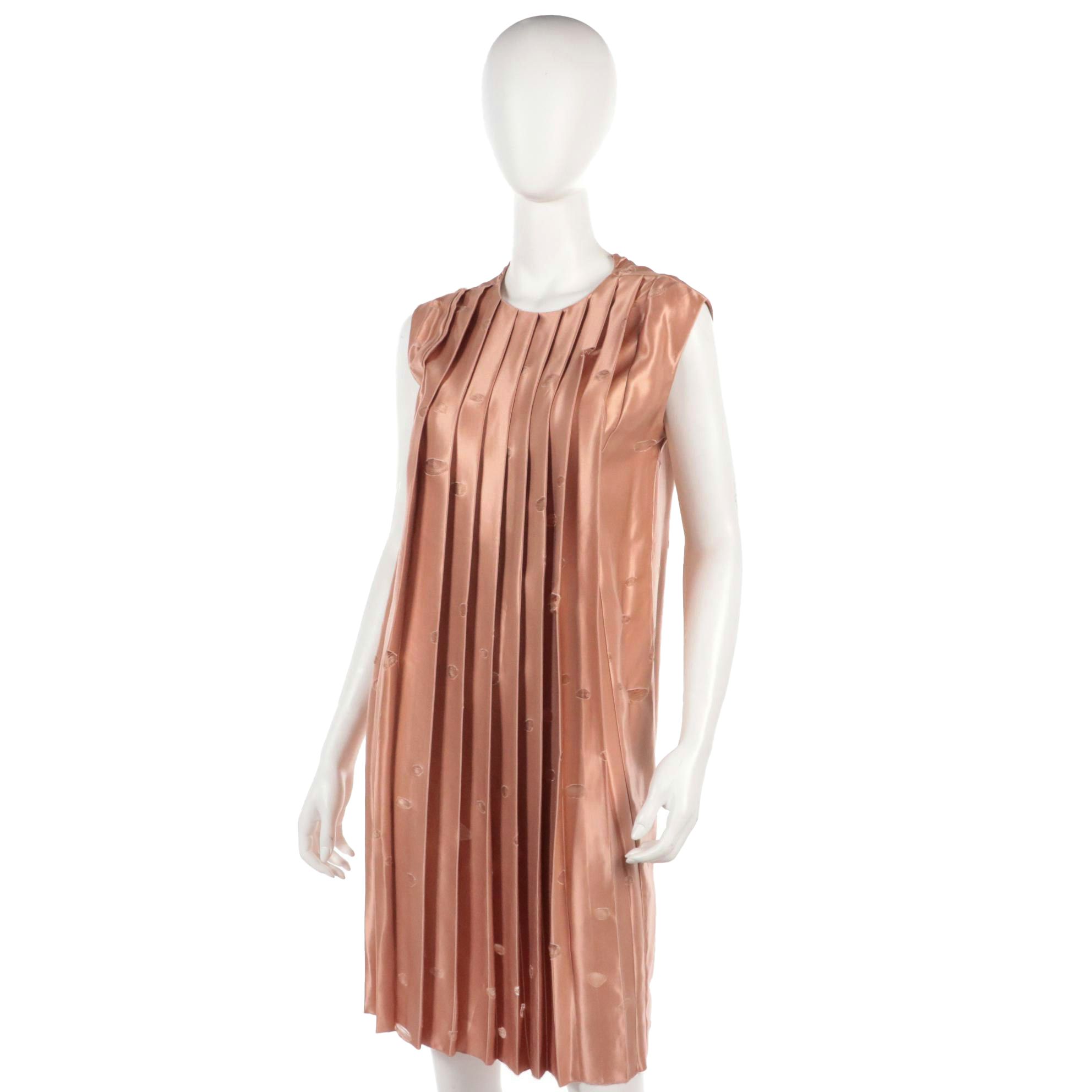 Miu Miu Blush Pink Pleated Silk Blend Dress with Distressed Dot Detailing