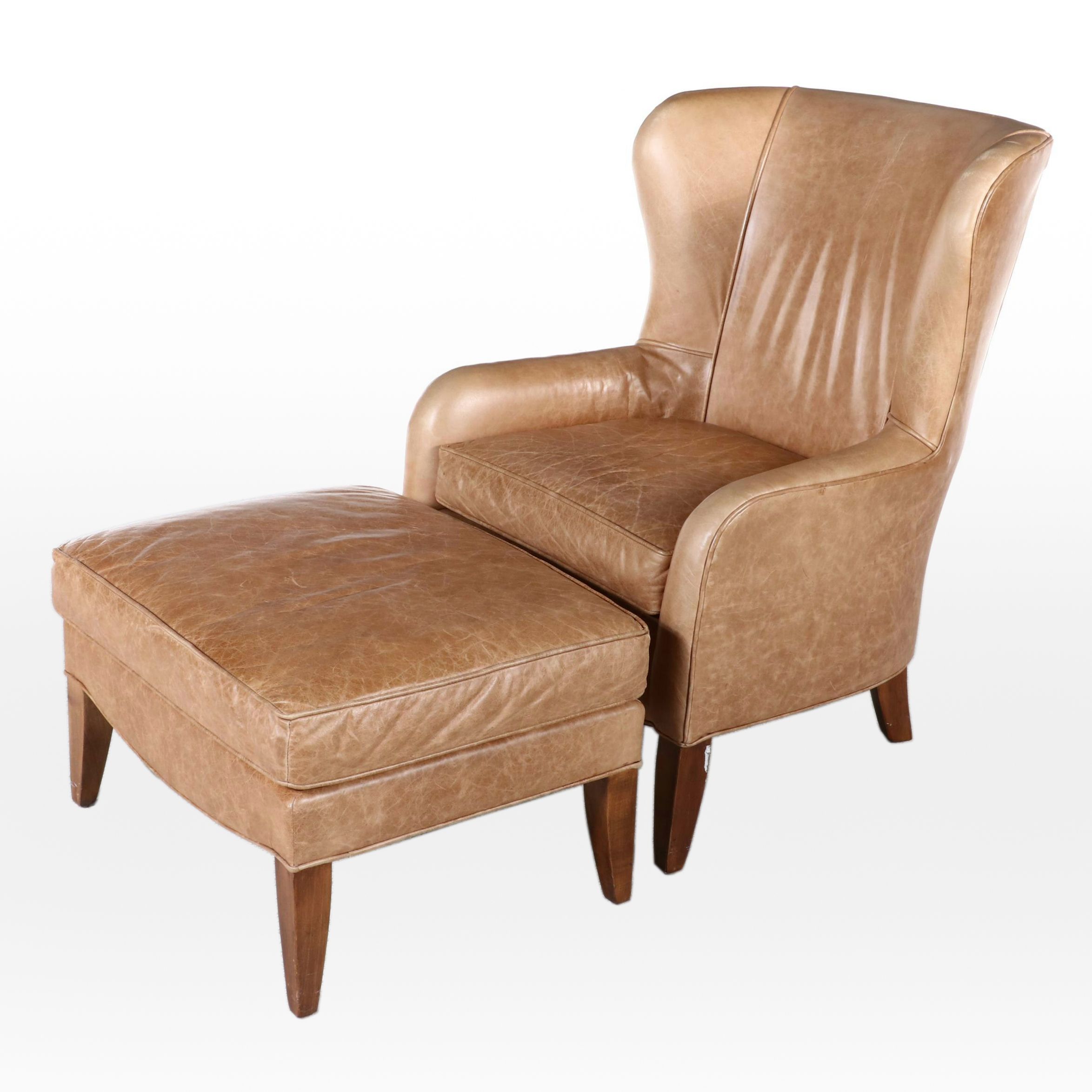 Ethan Allen Hardwood and Leather Wingback Armchair and Ottoman