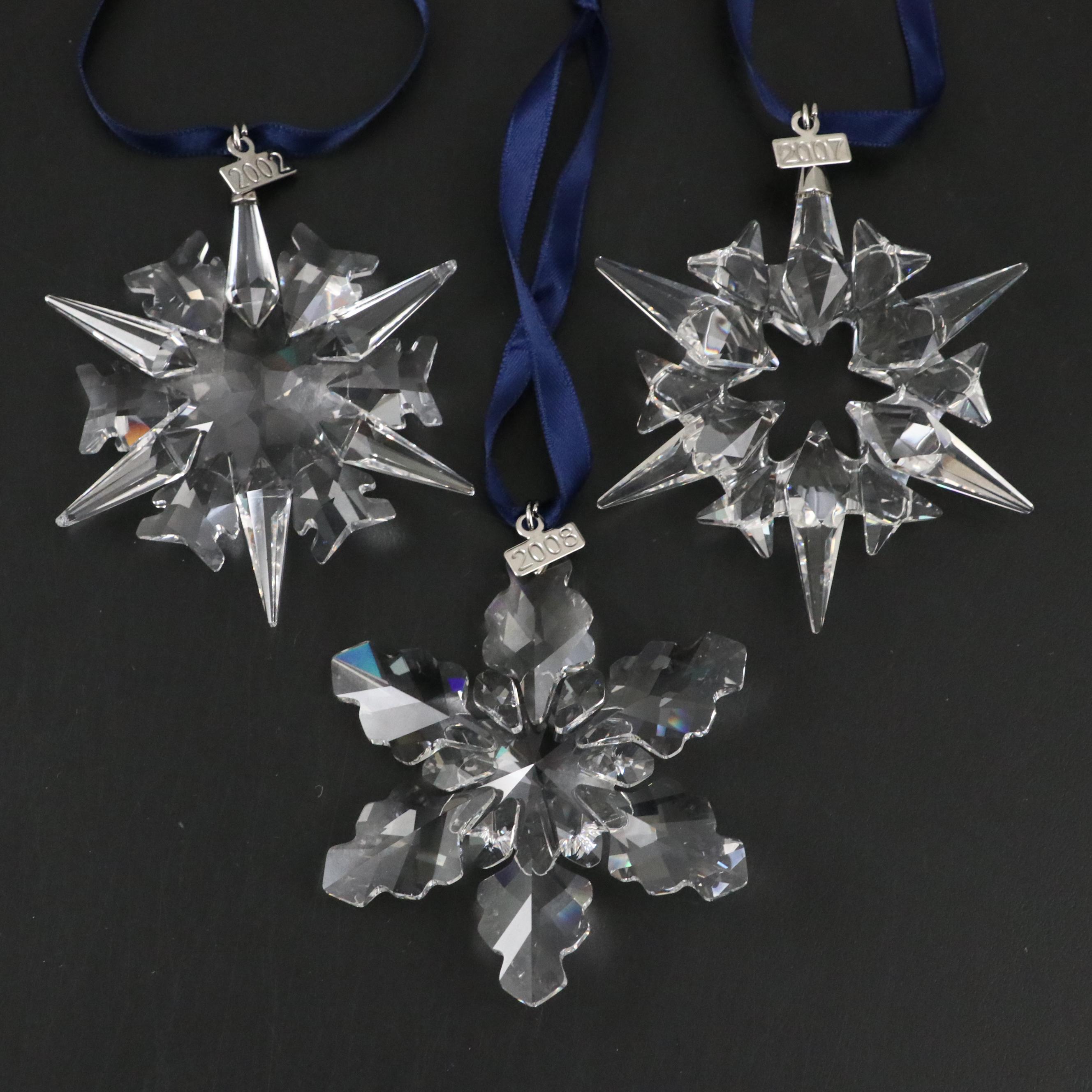 Swarovski Crystal Annual Snowflake Ornaments, 2002, 2007 & 2008