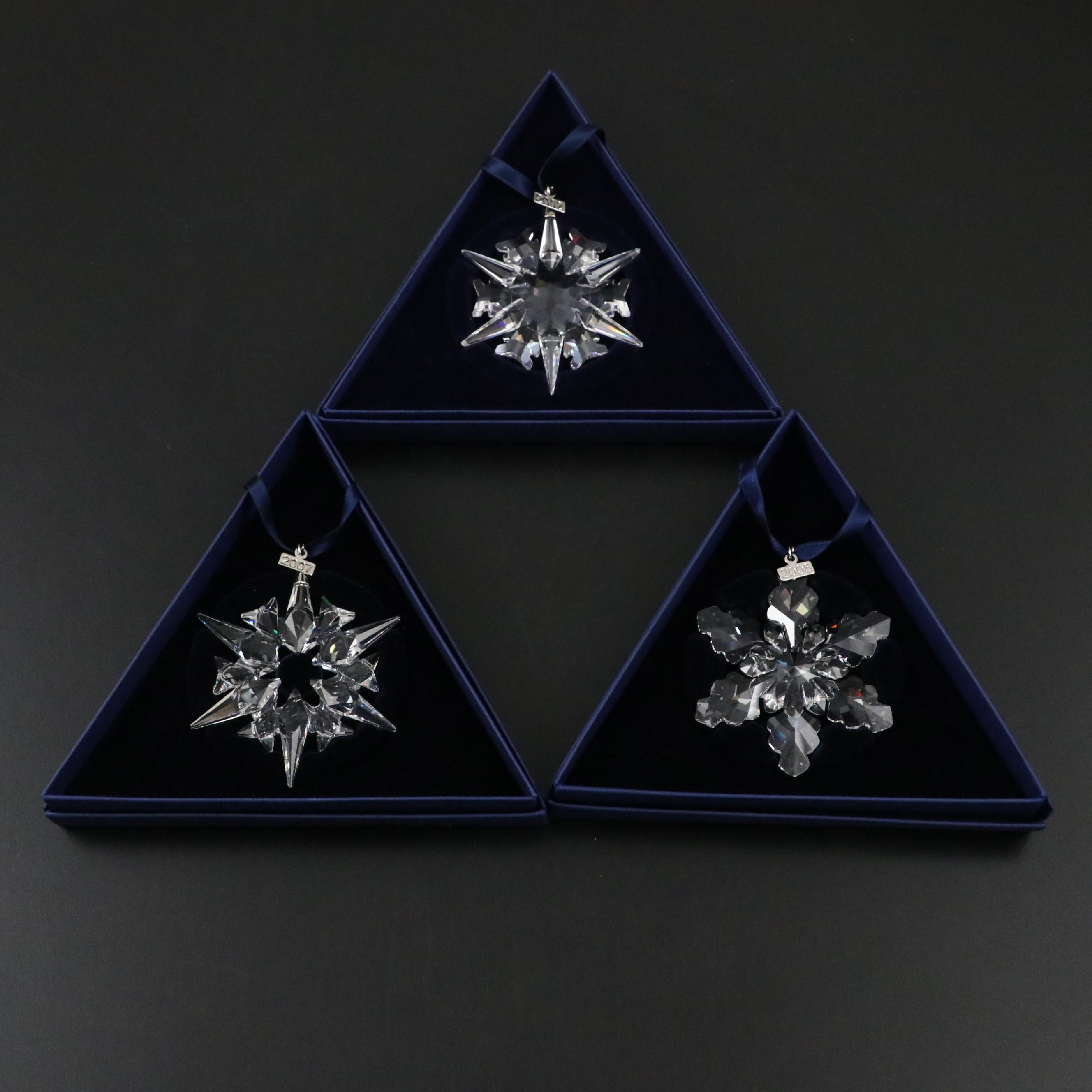 Swarovski Crystal Annual Snowflake Ornaments, 2002, 2007 & 2008