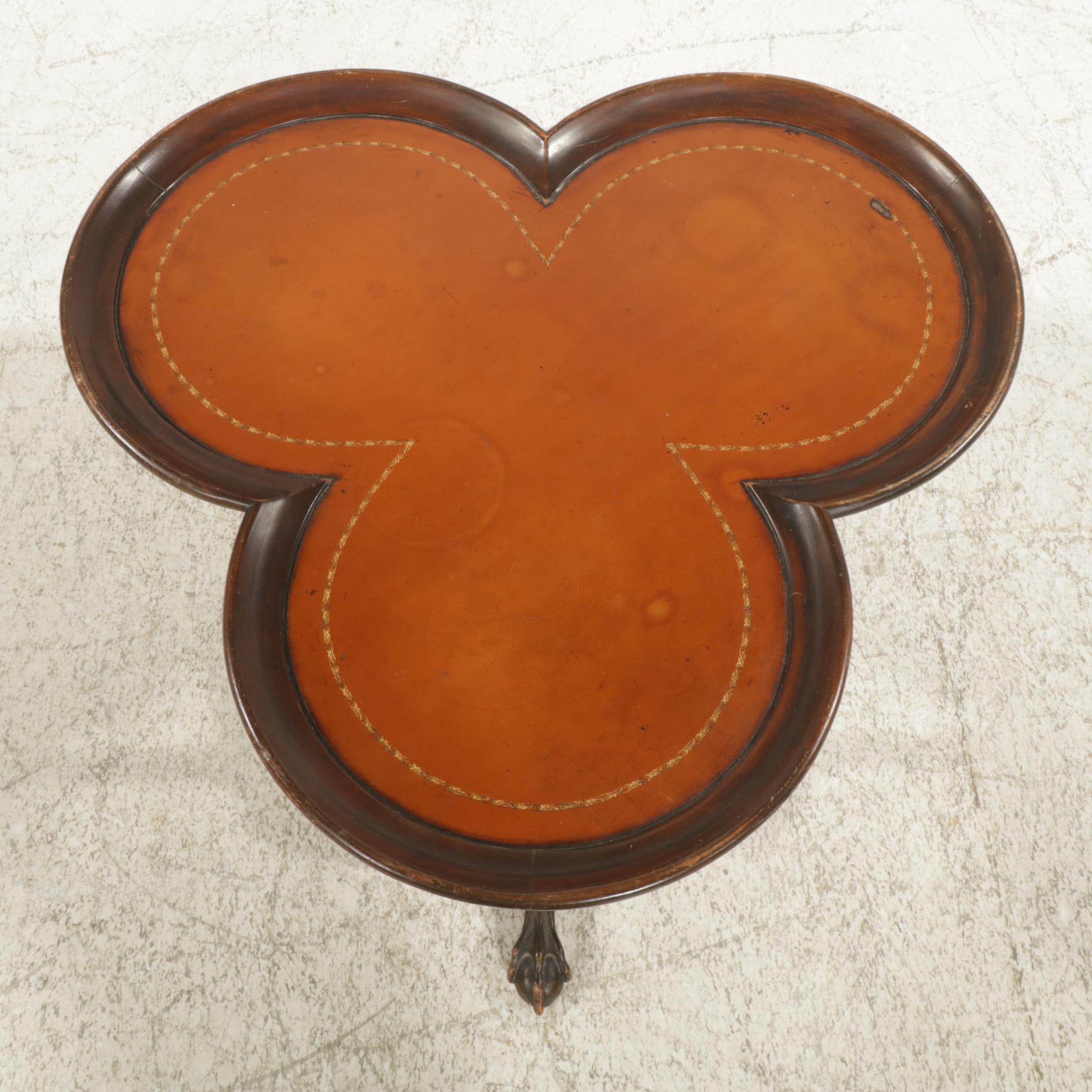 Mahogany Three Lobed Claw Foot Cocktail Table with Tooled Leather Top