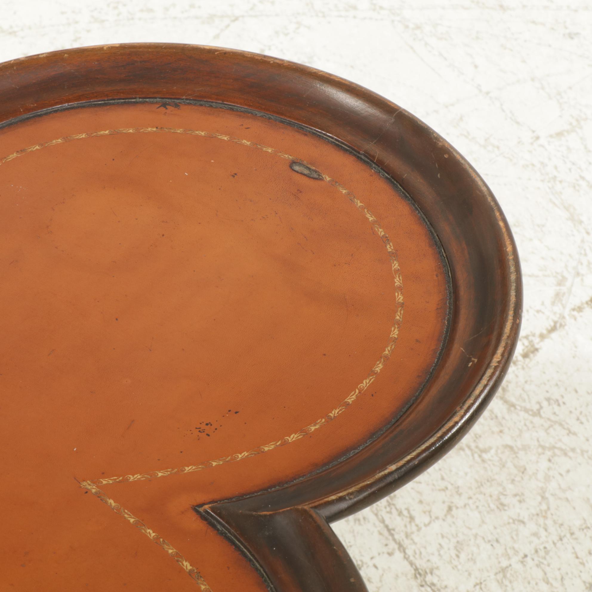 Mahogany Three Lobed Claw Foot Cocktail Table with Tooled Leather Top