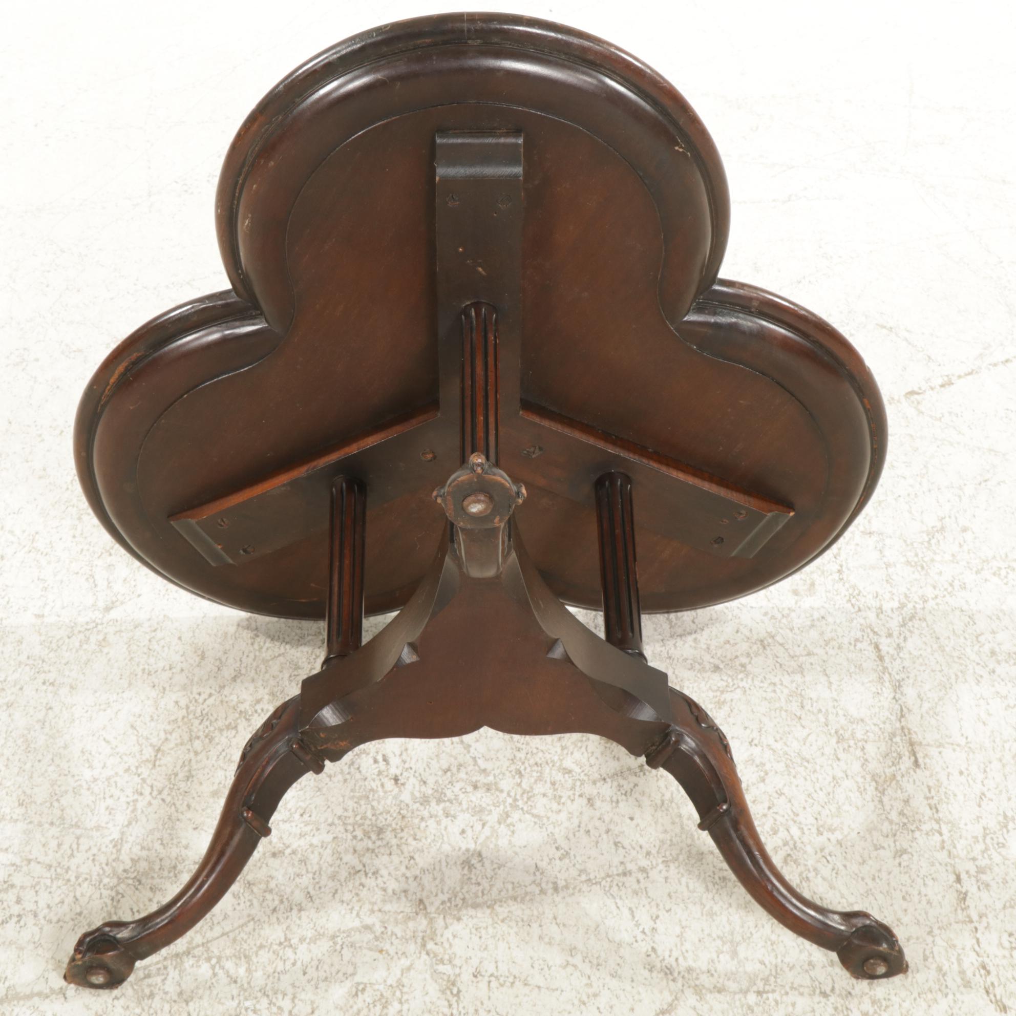 Mahogany Three Lobed Claw Foot Cocktail Table with Tooled Leather Top