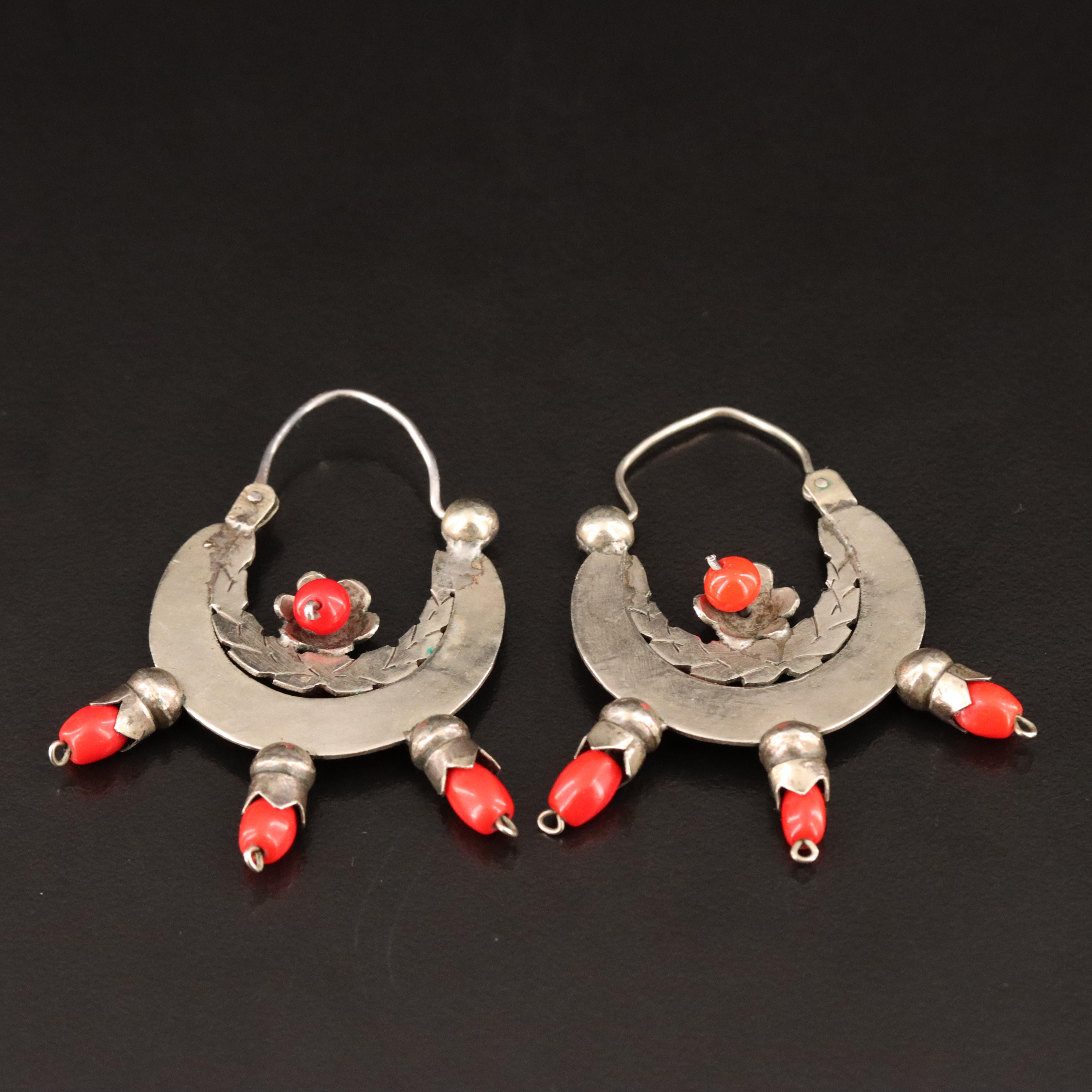 Mexican Crescent and Flower Hoop Earrings