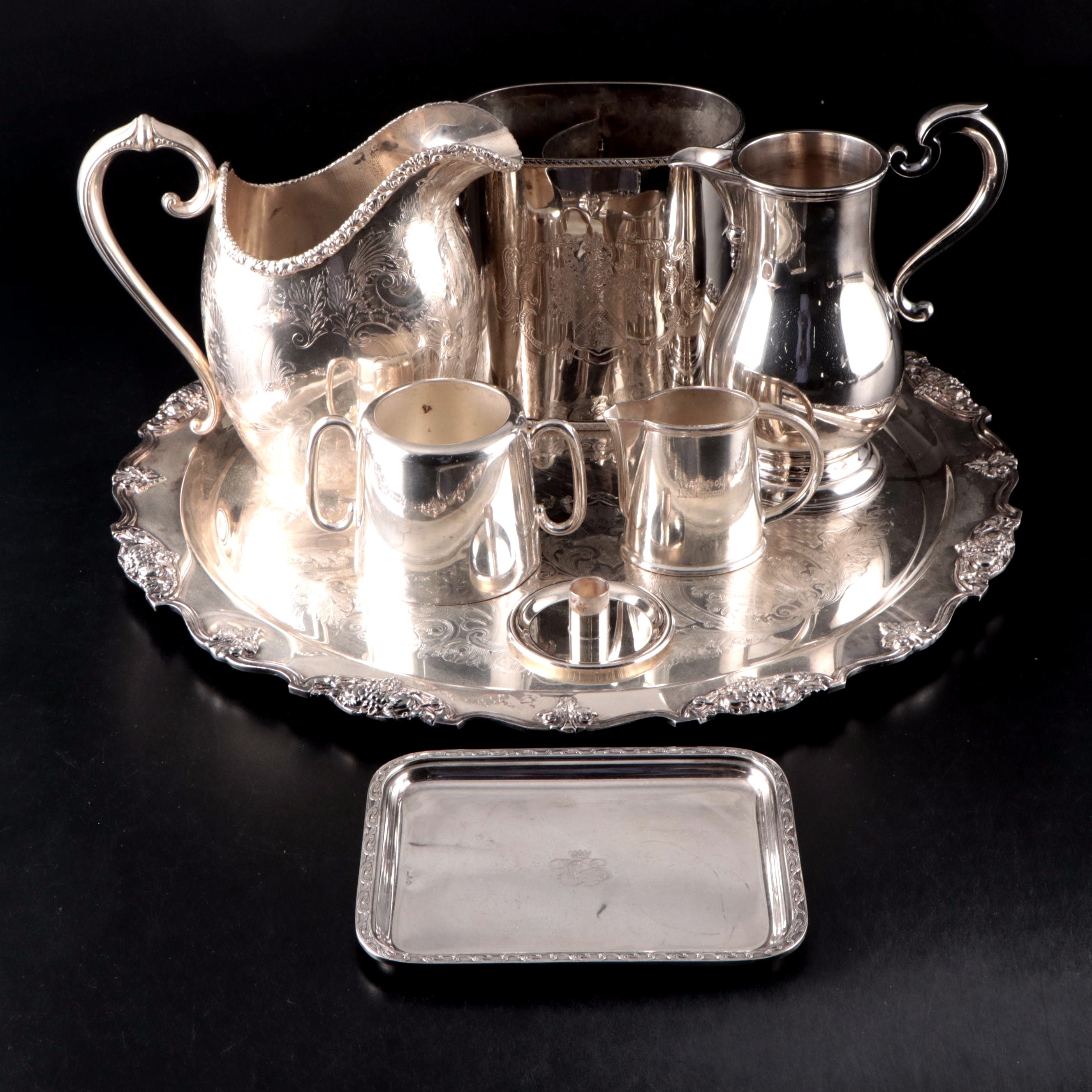 Ellis-Barker Etched Silver Plate Ewer with Wallace Tray and Assorted Serveware