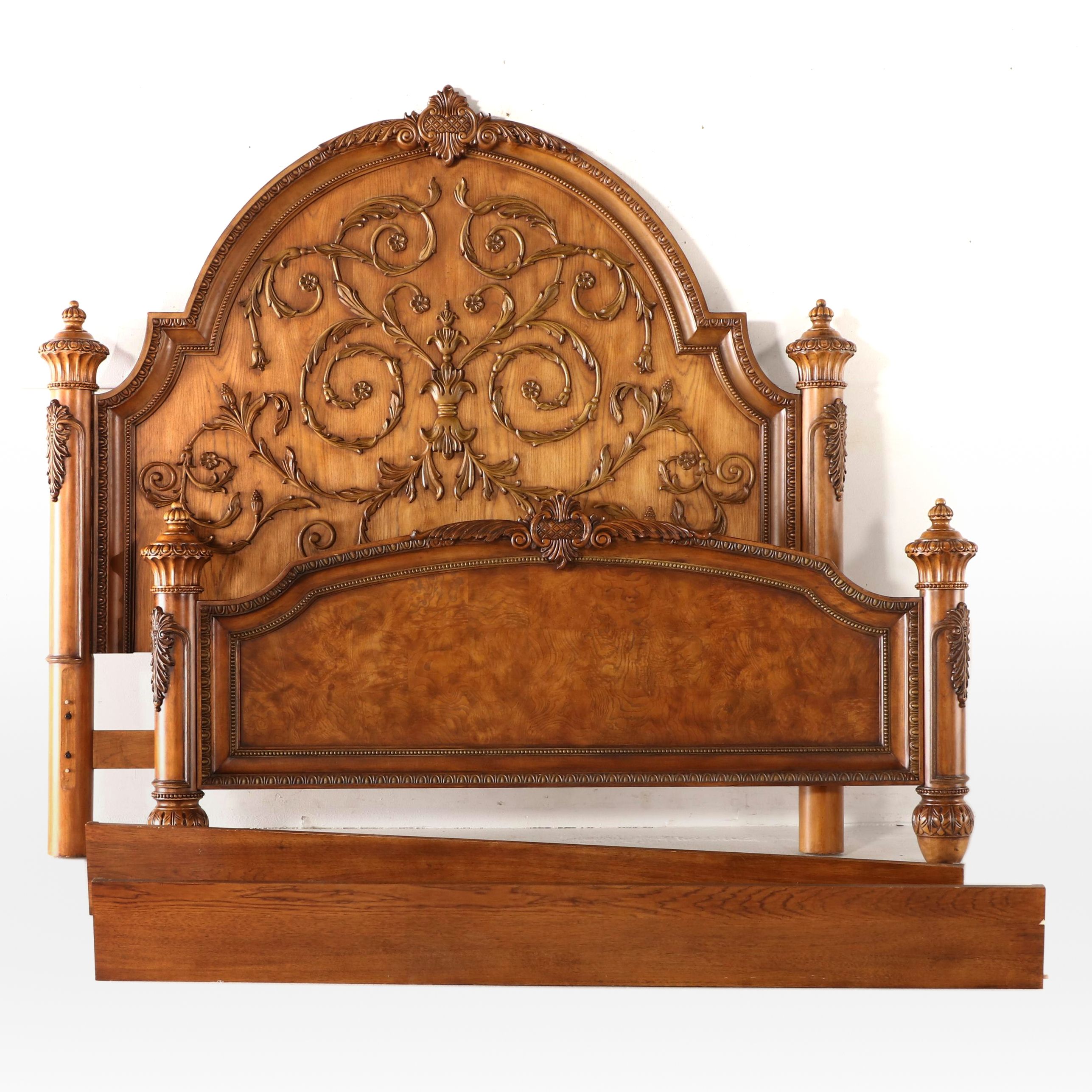 Louis XV Style Oak and Burl Wood King Sized Bed Frame